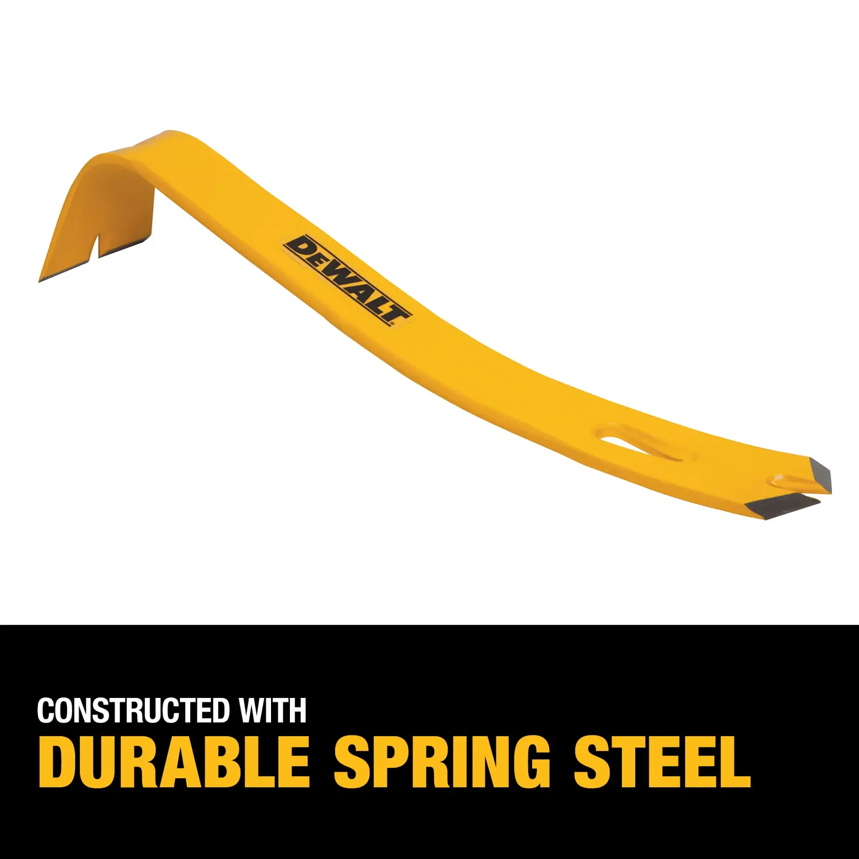 A yellow DEWALT pry bar made of durable spring steel, shown on a white background with a black section below highlighting the phrase 'Constructed with durable spring steel.'