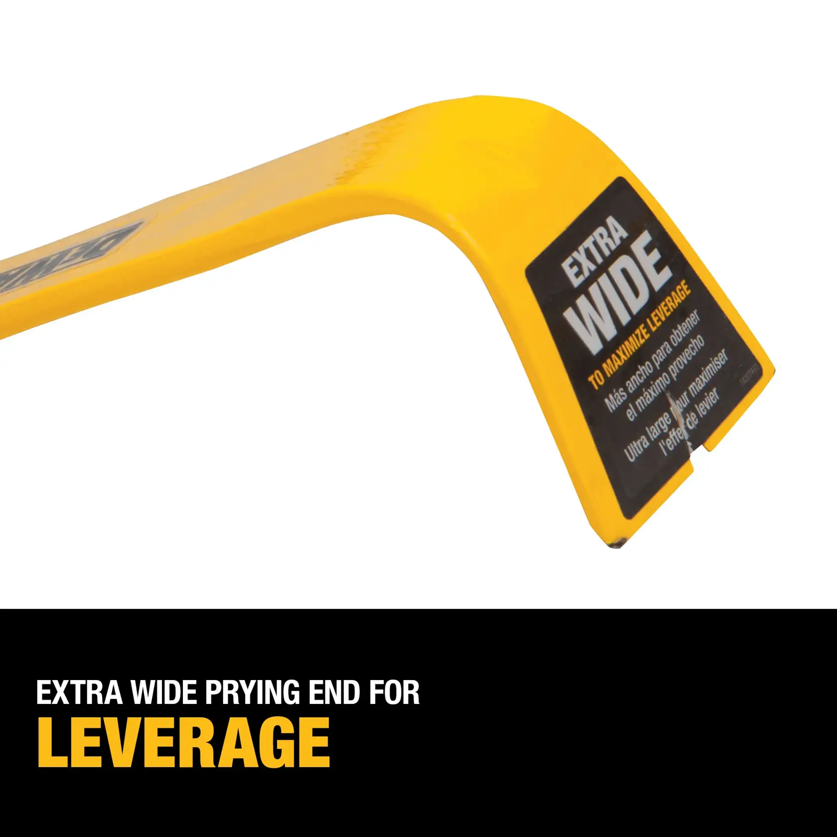 A close-up image of a DEWALT pry bar featuring an extra wide prying end, highlighted for its leverage capabilities. The product is yellow and has a label stating 'Extra Wide to Maximize Leverage.' The lower part of the image includes the text 'Extra wide prying end for leverage.'