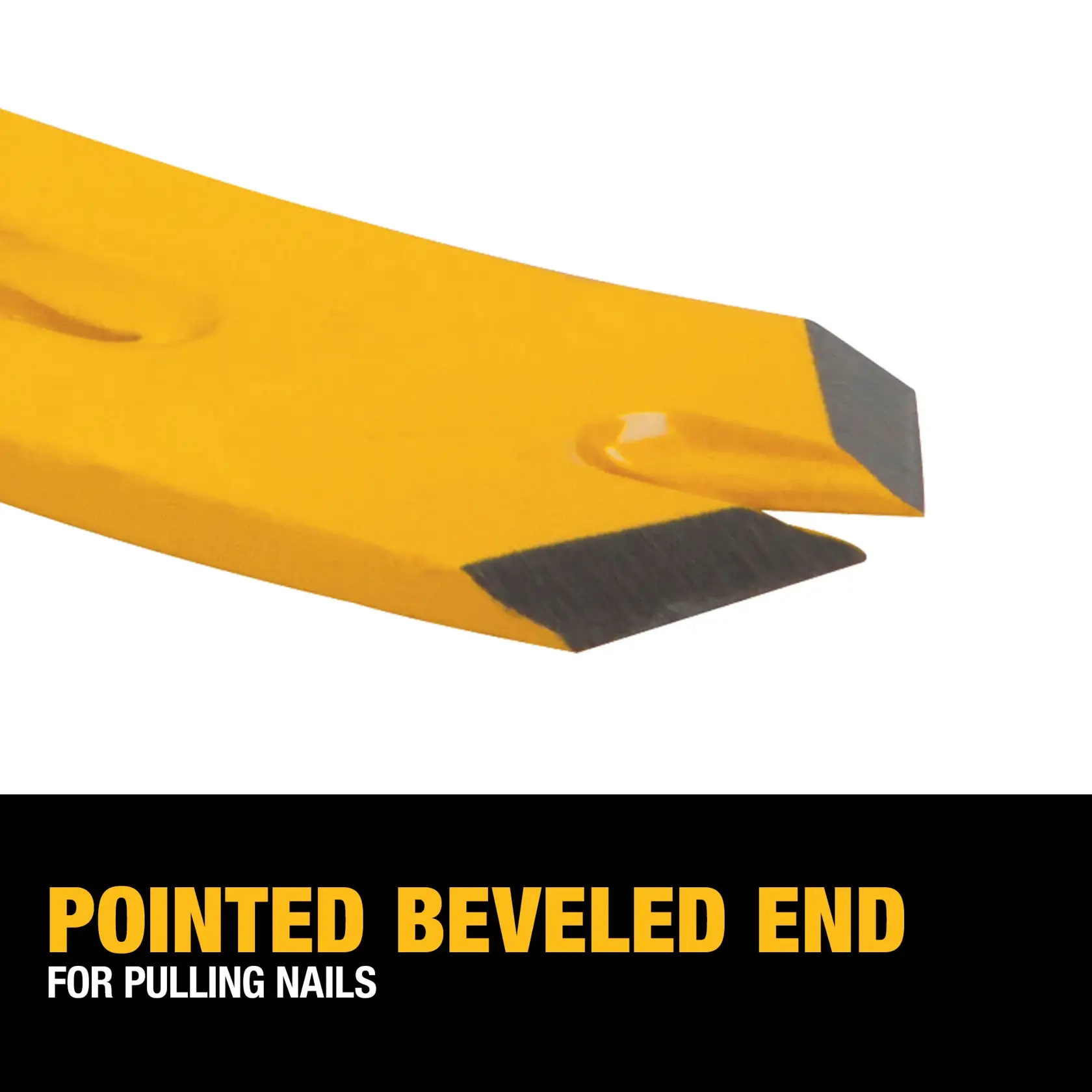 Close-up of a DEWALT yellow pry bar tool showing its pointed beveled end, which is designed for pulling nails. The image emphasizes the sharp tip with a black background and text describing the feature.