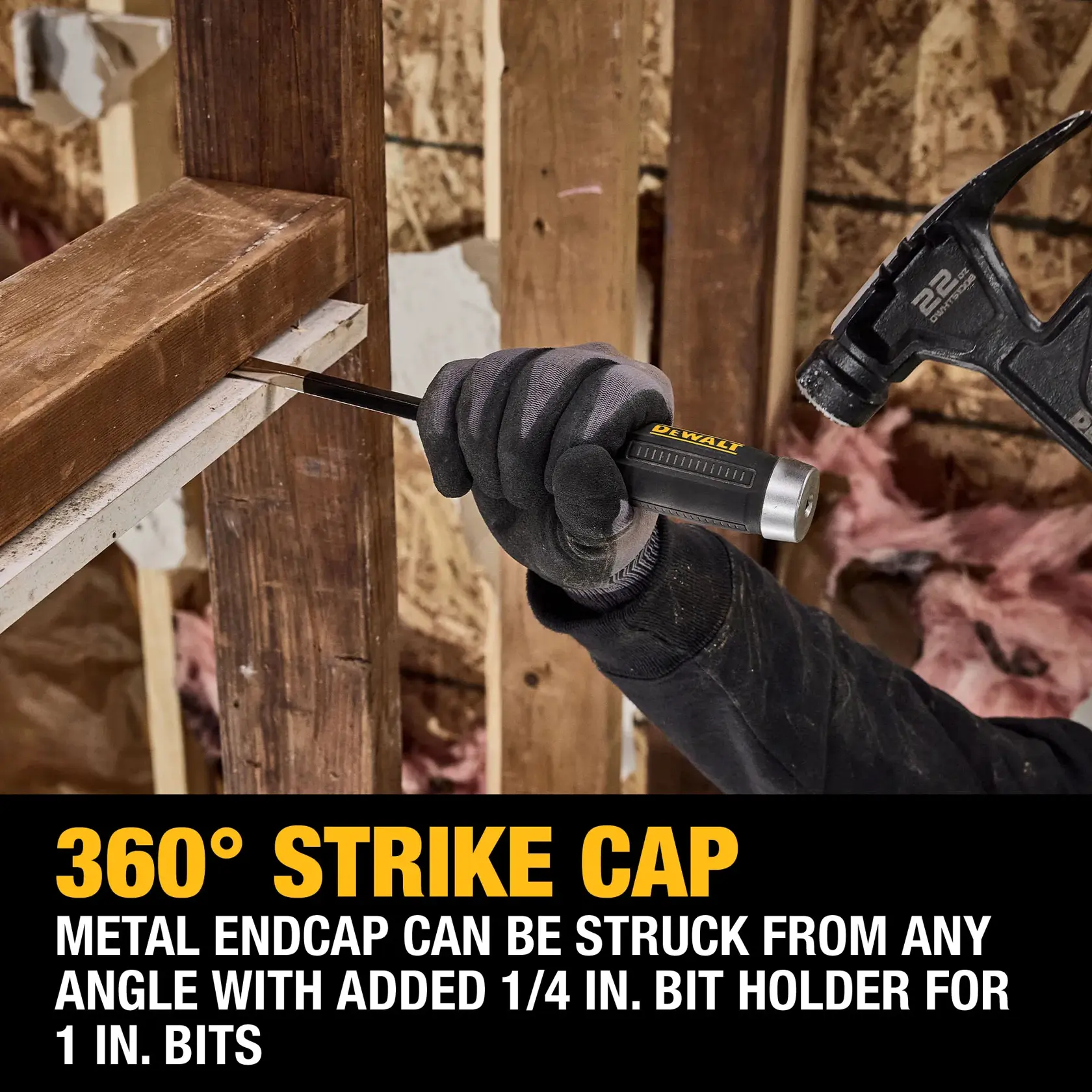 A person wearing work gloves uses a DEWALT hand tool with a 360-degree metal strike cap, striking it with a hammer. The tool is being applied to a piece of wood in a construction setting. Text on the image highlights the strike cap feature and bit holder compatibility.