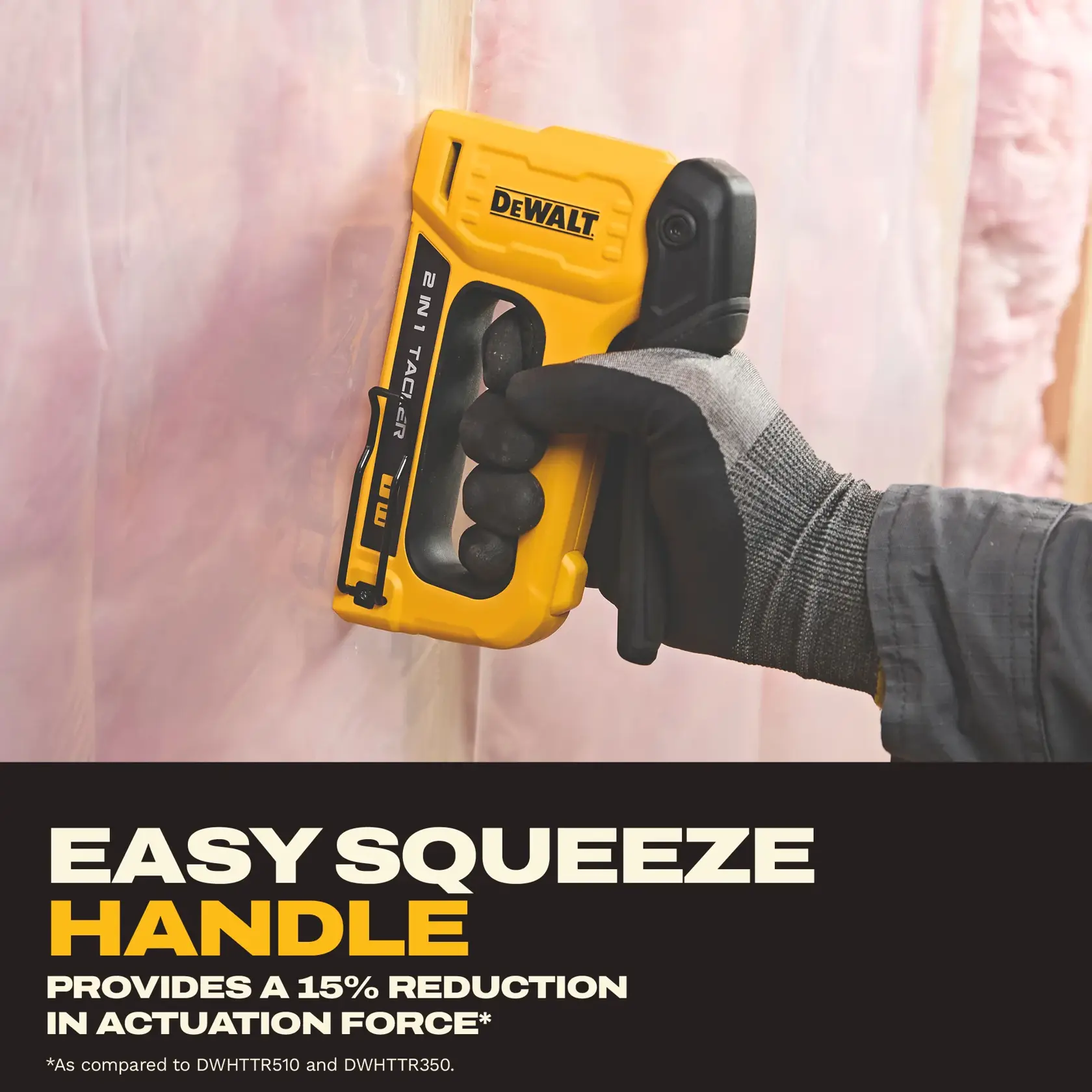 A DEWALT 2-in-1 tacker tool with yellow and black design is held by a gloved hand against an insulation surface. The text on the image highlights the easy squeeze handle, stating it provides a 15% reduction in actuation force compared to DWHTTR510 and DWHTTR350 models.