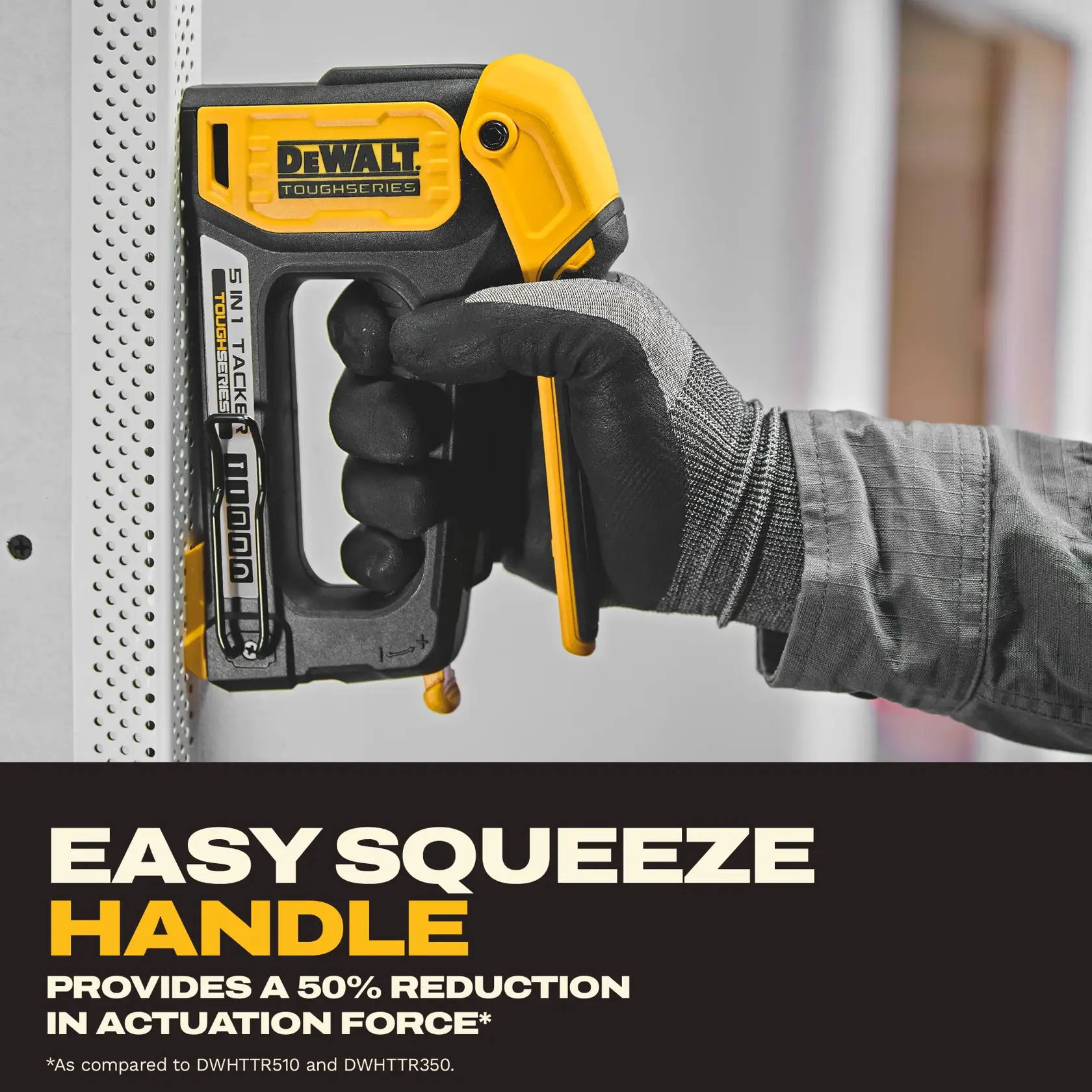 A person wearing a gray jacket and black gloves is using a DEWALT ToughSeries 5-in-1 tacker stapler with a yellow and black design. The tacker is pressed against a perforated board. The text below highlights its 'easy squeeze handle' which provides a 50% reduction in actuation force compared to specific DEWALT models.
