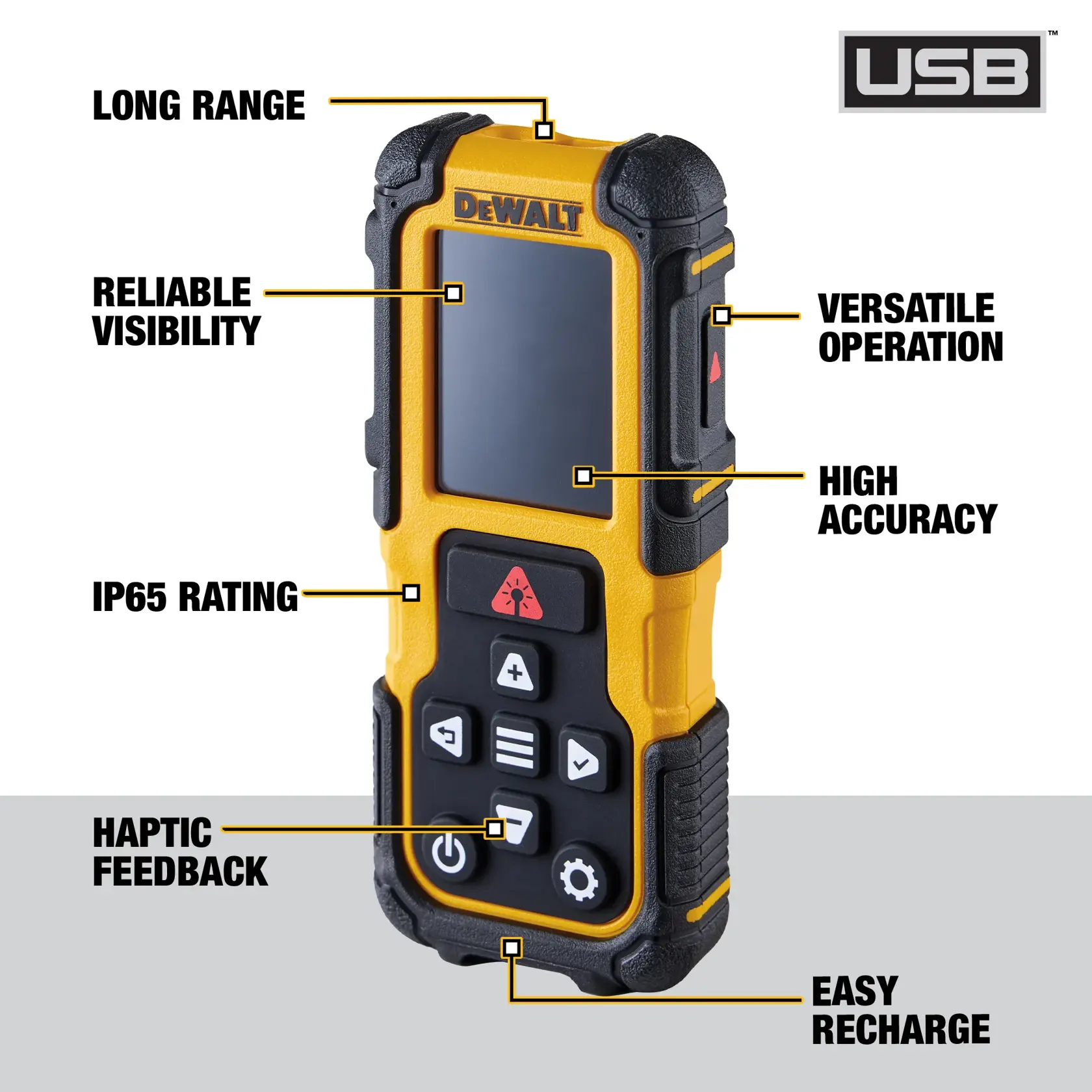 Image of a DEWALT handheld electronic device with a screen and multiple buttons. The image highlights its features: long range, reliable visibility, IP65 rating, haptic feedback, versatile operation, high accuracy, and easy recharge. There is also a USB logo indicating USB compatibility.