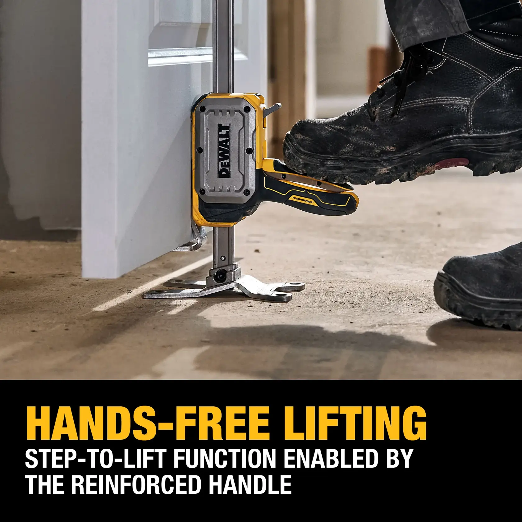 DEWALT(R) TOUGHSERIES(TM) Construction Jack lifting a sheet of drywall graphic