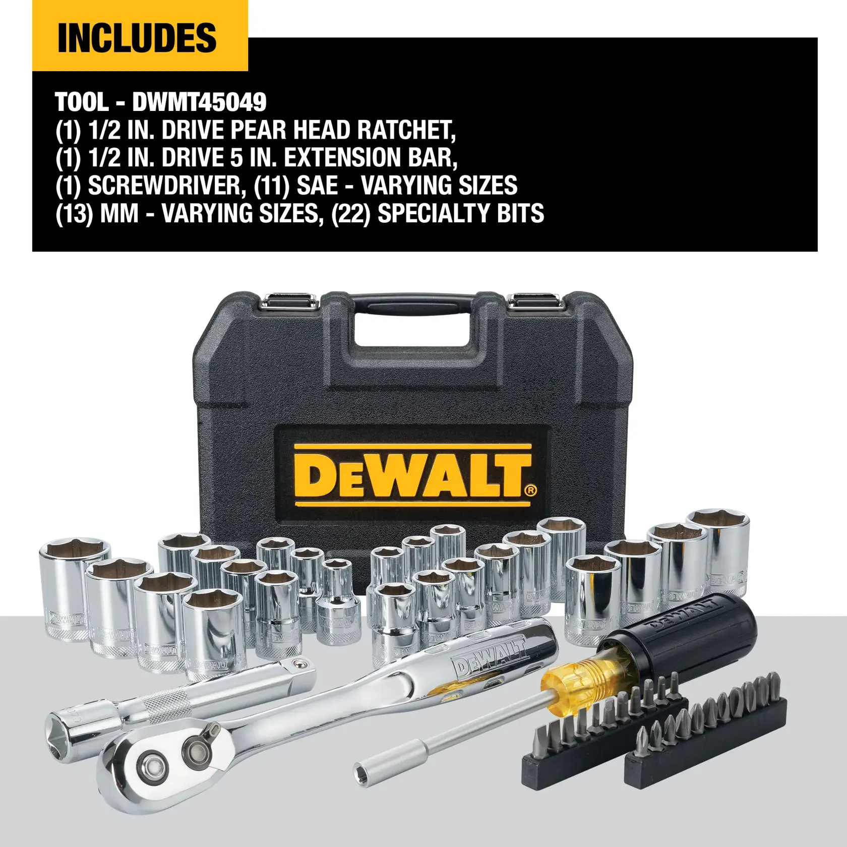 DEWALT DWMT45049 tool set displayed in front of a black plastic carrying case with a yellow DEWALT logo. The set includes a 1/2 inch drive pear head ratchet, 1/2 inch drive 5 inch extension bar, screwdriver, 11 SAE sockets in varying sizes, 13 metric sockets in varying sizes, and 22 specialty bits arranged on plastic racks.