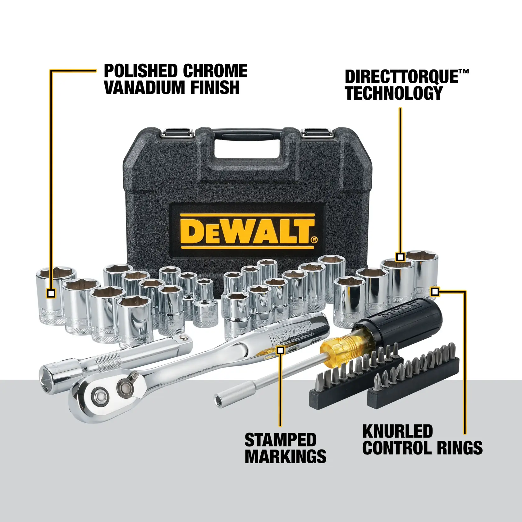 Socket and ratchet set by DEWALT, featuring polished chrome vanadium finish, DirectTorque technology, stamped markings, and knurled control rings, displayed with a black carrying case and various sockets and bits.