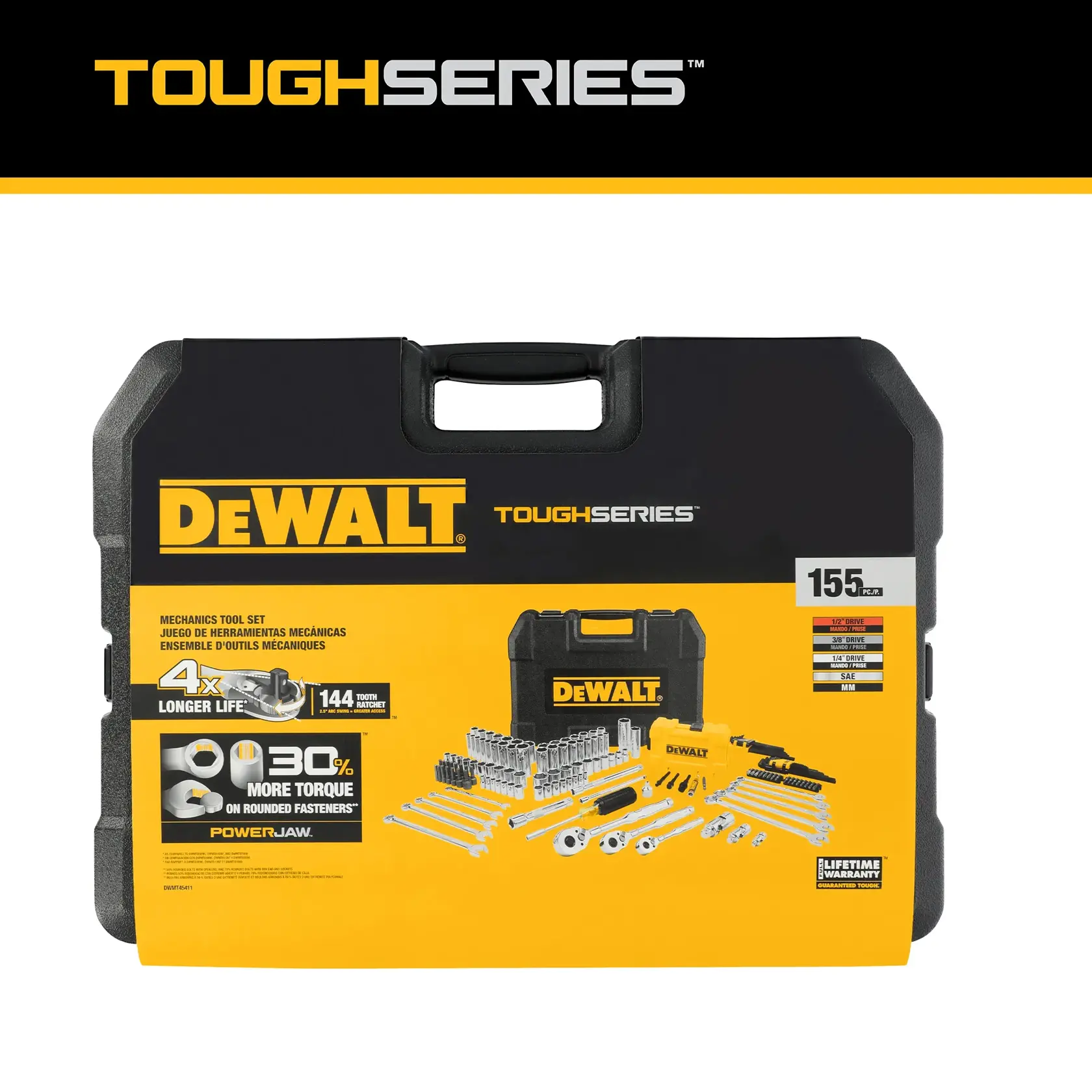 Front view of a DEWALT ToughSeries mechanics tool set case, displaying the DEWALT logo in yellow and black. The case highlights product features such as '4x longer life', '30% more torque on rounded fasteners', and includes an illustrated layout of assorted tools inside. The set contains 155 pieces and comes with a lifetime warranty.
