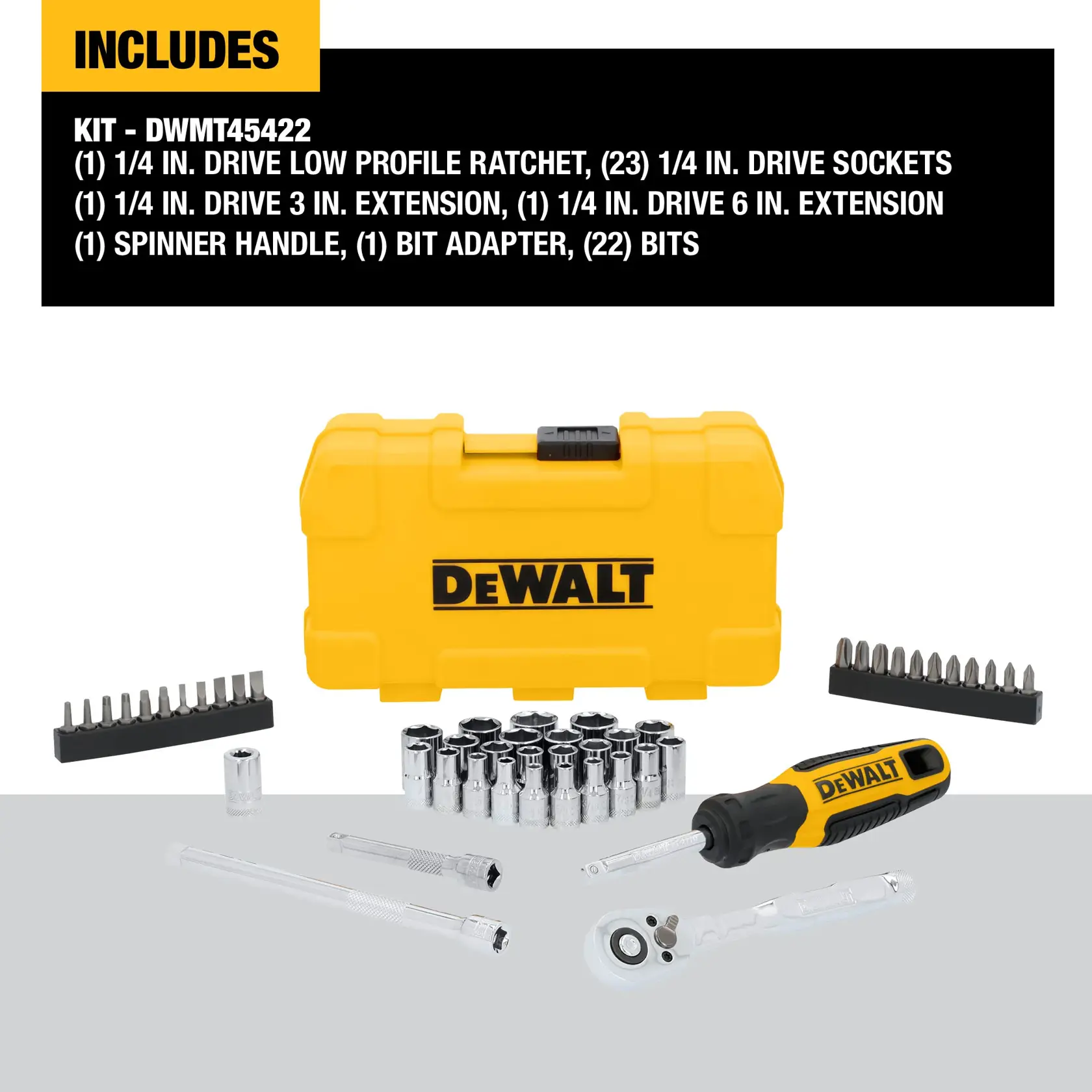 DEWALT DWMT45422 kit shown, including a yellow hard case with DEWALT branding, assortment of drive sockets, ratchet tool, screwdriver handle, extensions, bit adapter, and multiple bits organized in holders. Text lists contents of the kit.