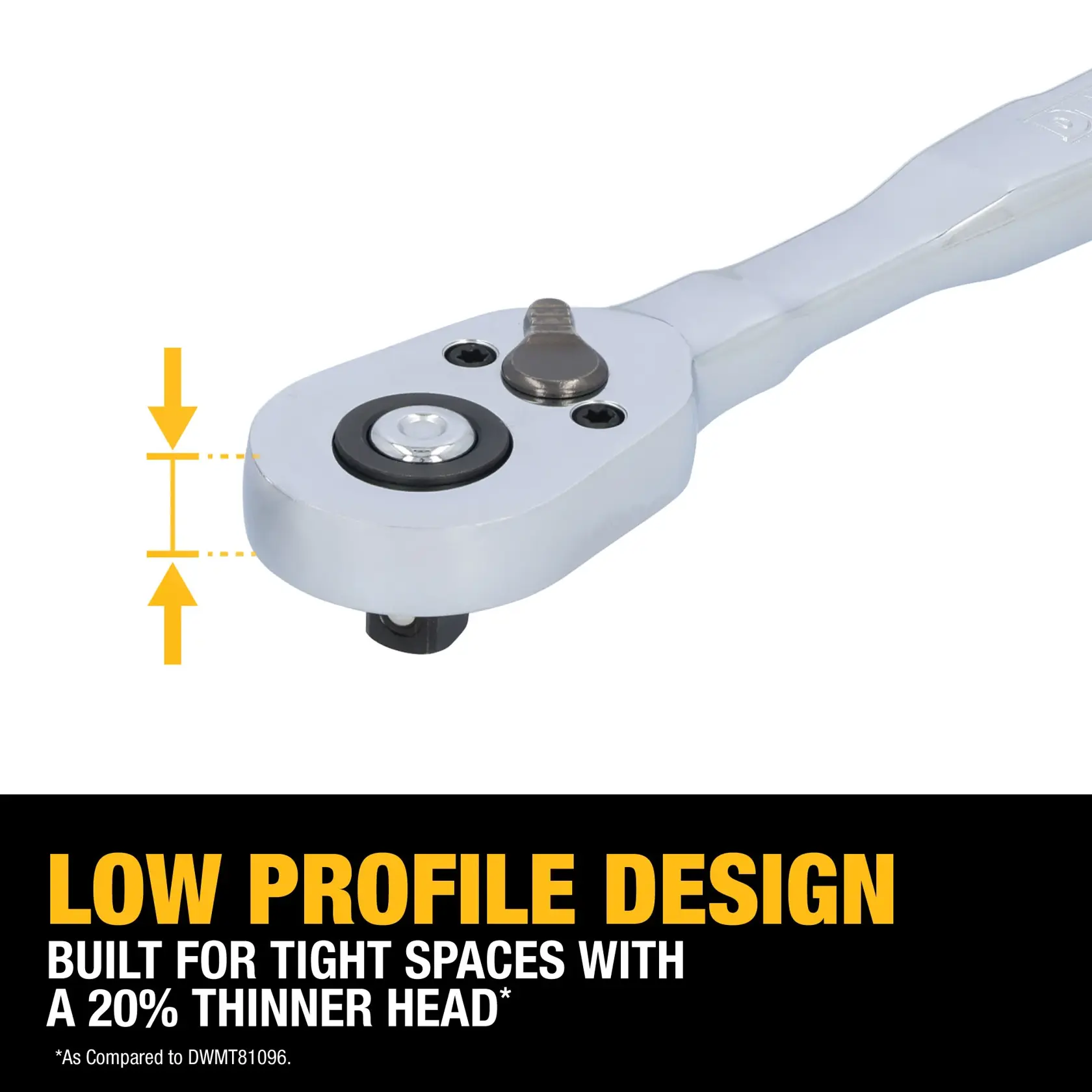 A DEWALT ratchet tool with a low profile head is shown. Yellow arrows highlight the thin design. Text below states: 'Low profile design built for tight spaces with a 20% thinner head. As compared to DWMT81096.'