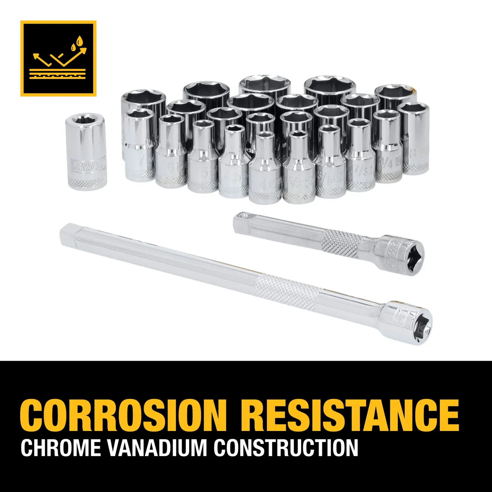 A set of chrome vanadium DEWALT sockets and extension bars is displayed, highlighting their corrosion resistance. The image includes a graphic symbol representing corrosion resistance and text stating 'CORROSION RESISTANCE' and 'CHROME VANADIUM CONSTRUCTION.'