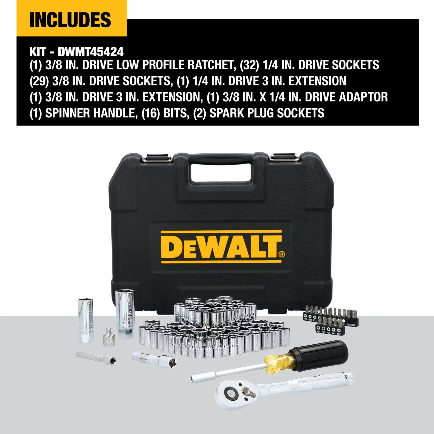 DEWALT tool kit DWMT45424 shown with all included items: a black carrying case with DEWALT logo, a selection of sockets and socket bits, a ratchet, a spinner handle, extensions, a drive adaptor, and spark plug sockets. The image includes a list detailing quantities and types of tools included in the kit.