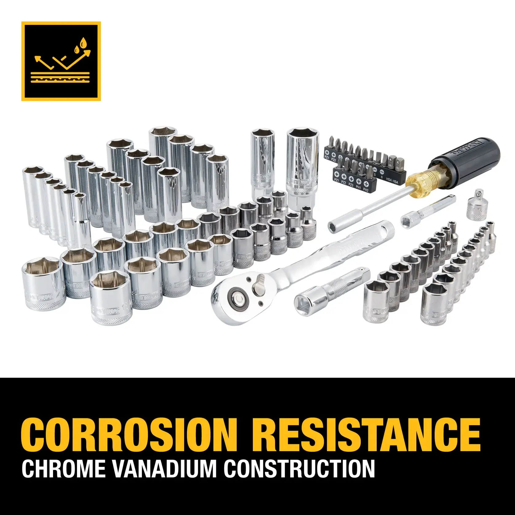 A DEWALT chrome vanadium socket and tool set, featuring multiple sizes of sockets, a ratchet, screwdriver, extensions, and a bit set, displayed with a corrosion resistance icon and the text 'Corrosion Resistance - Chrome Vanadium Construction.'