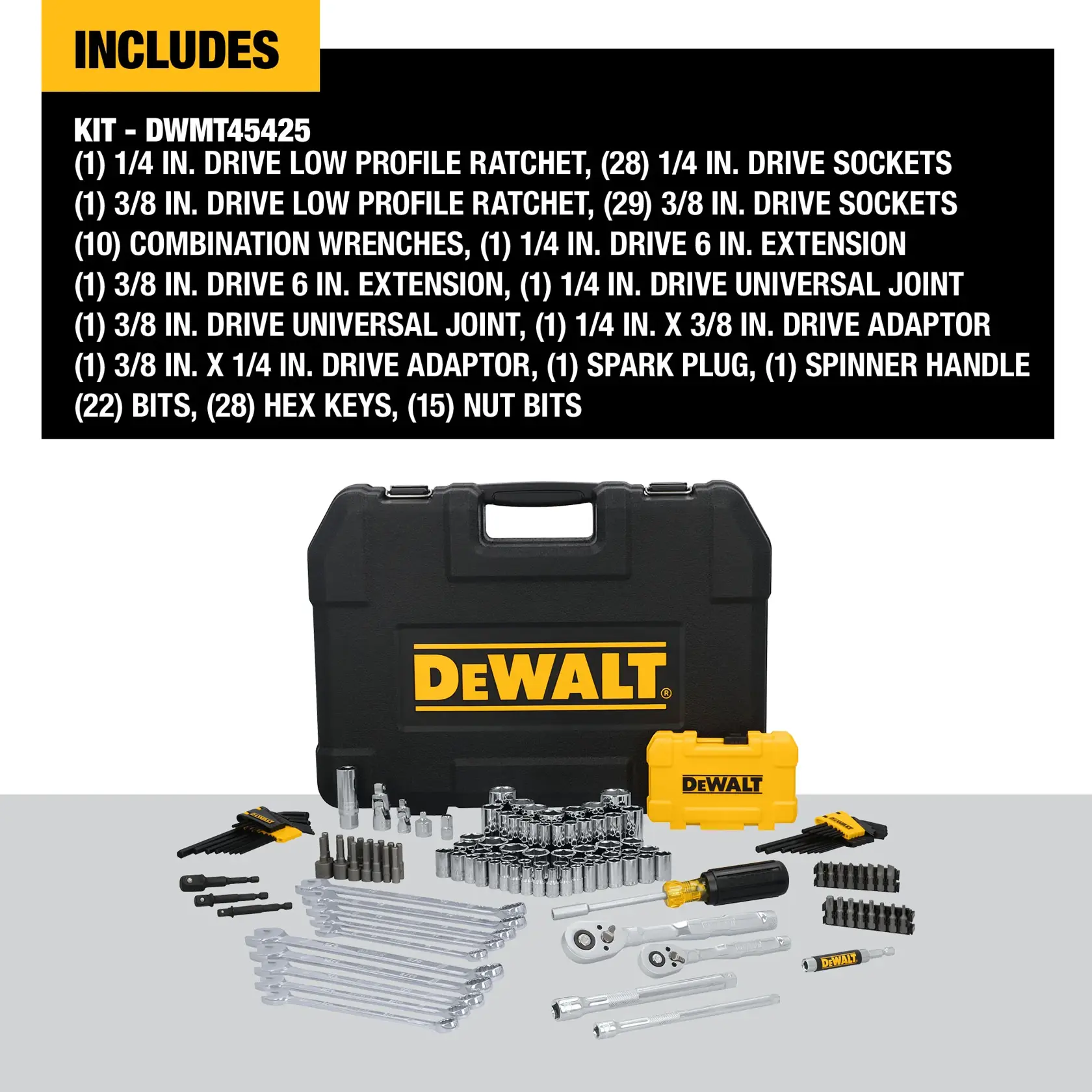 Image of a DEWALT toolkit with a black carrying case and various hand tools laid out, including ratchets, sockets, combination wrenches, extensions, universal joints, adaptors, spark plug, spinner handle, bits, hex keys, and nut bits. The kit is labeled DWMT45425 and a detailed list of included items is displayed above the toolkit.