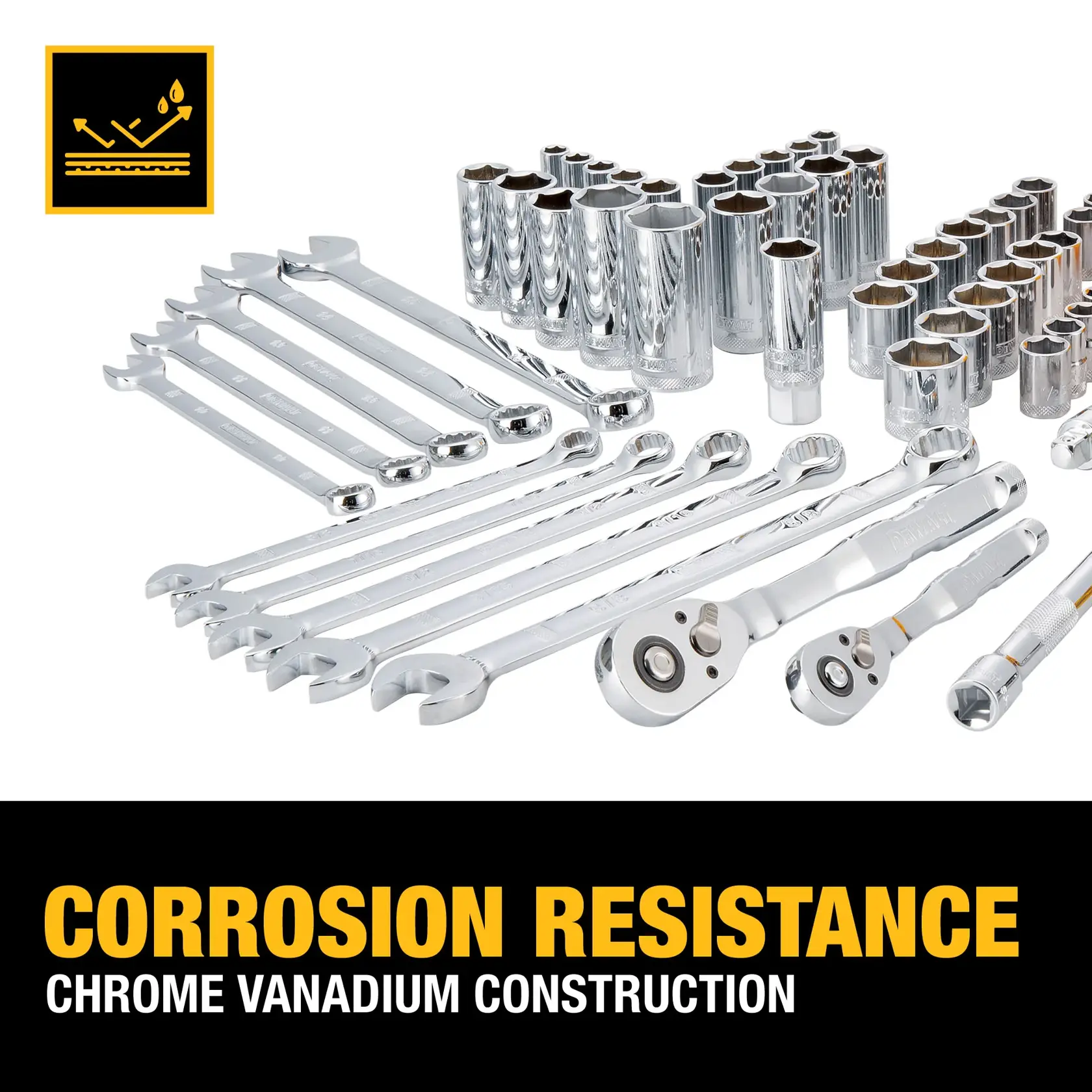 A set of shiny chrome vanadium wrenches, ratchets, and sockets is displayed with a DEWALT logo. The text highlights corrosion resistance and chrome vanadium construction.