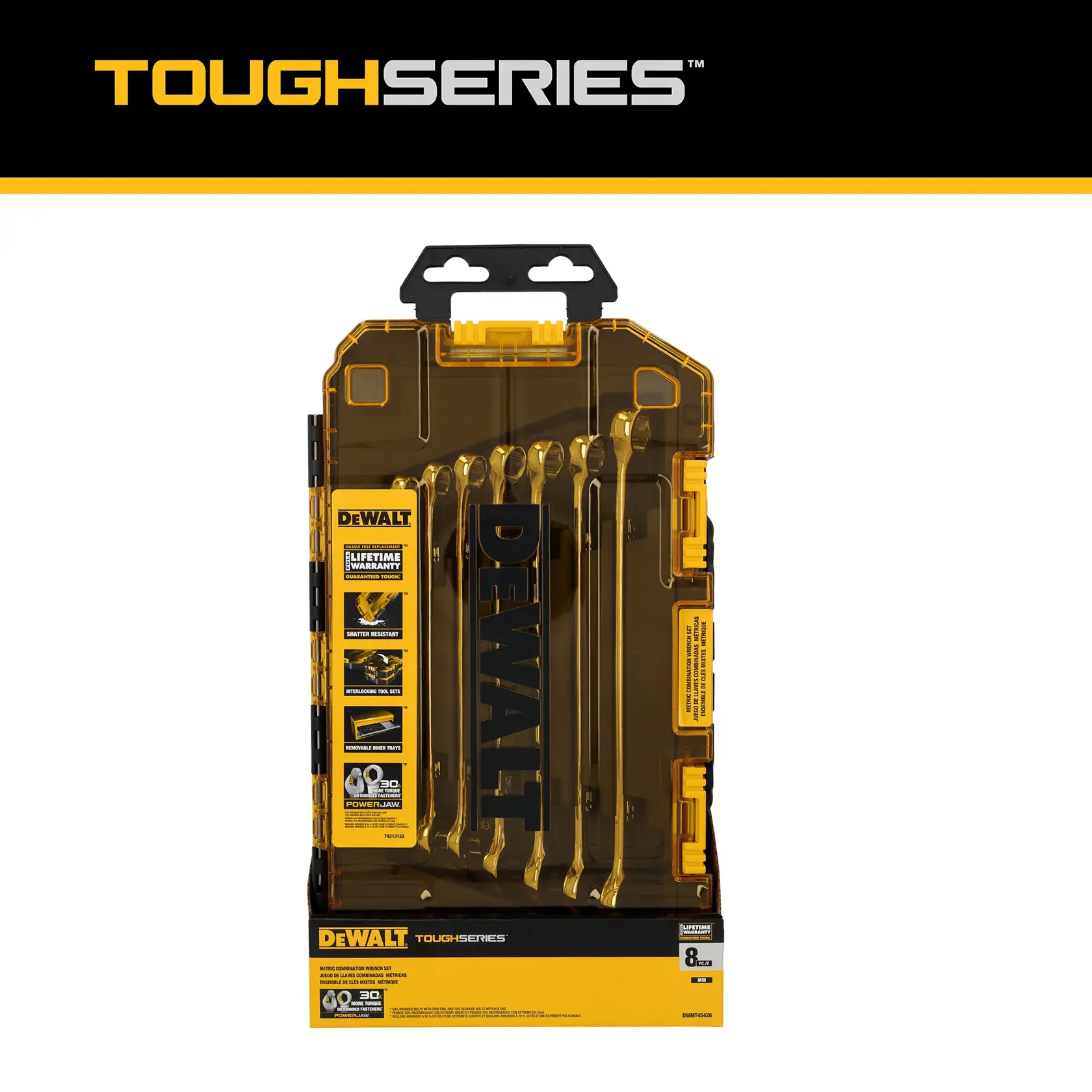 A DEWALT Tough Series branded kit containing an 8-piece set of wrenches, shown in a transparent, rugged yellow and black plastic case with lifetime warranty and product information visible on the packaging.
