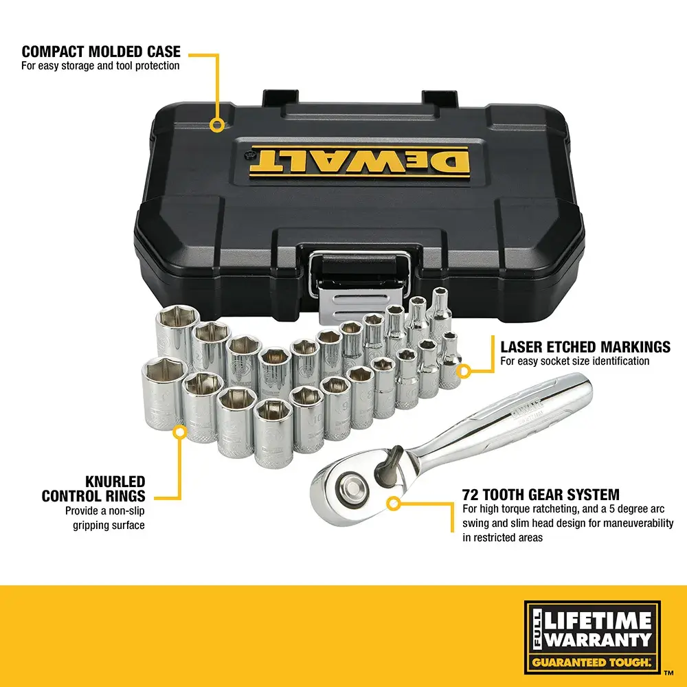 DEWALT socket and ratchet set, SKU DWMT72160, shown with a black and yellow compact molded case, several sockets, and a ratchet. Key features highlighted include laser etched markings for easy identification, knurled control rings for grip, a 72 tooth gear system for precise movement, and a lifetime warranty logo.