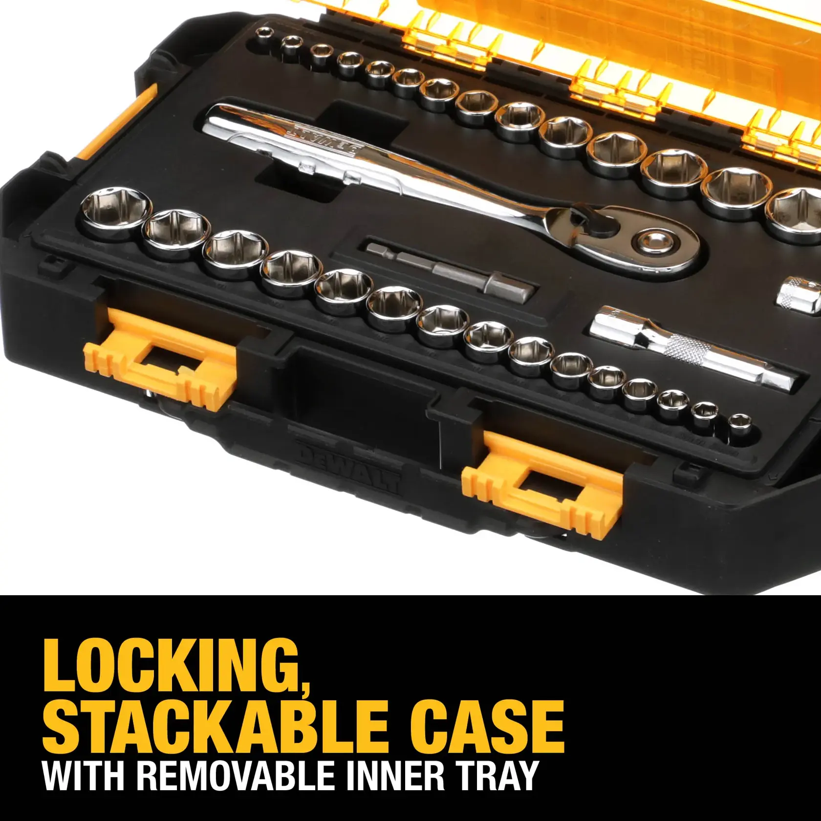 Close-up view of a DEWALT socket set case with the lid open, showing metal sockets organized on a tilting rail and a message that reads 'TILTING SOCKET RAILS ALLOW EASY ACCESS' in bold yellow letters on a black background.