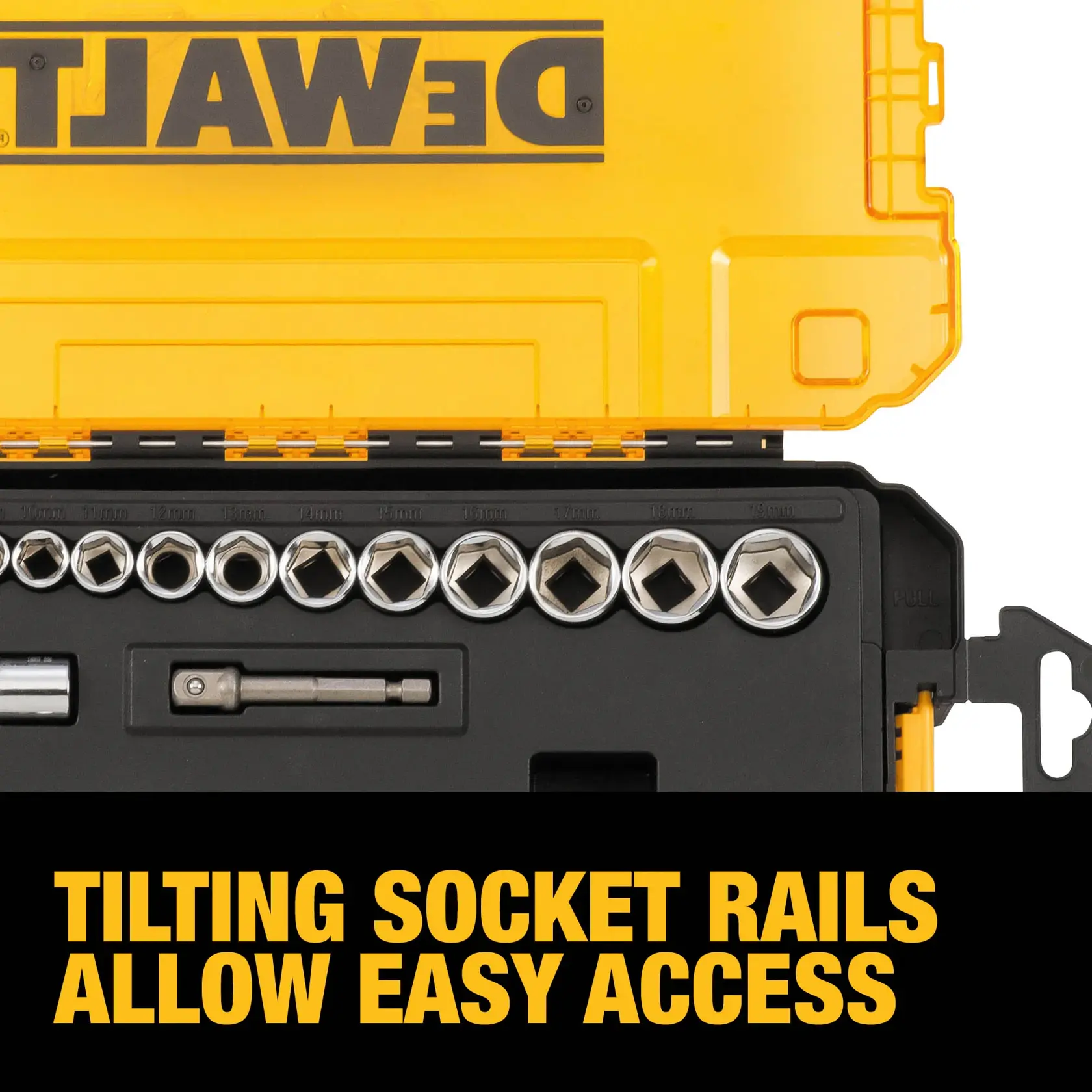 A DEWALT socket set with multiple chrome sockets in various sizes, displayed in front of an orange and black plastic case. The sockets feature deep laser etched markings for easy identification, as highlighted in the text at the bottom.