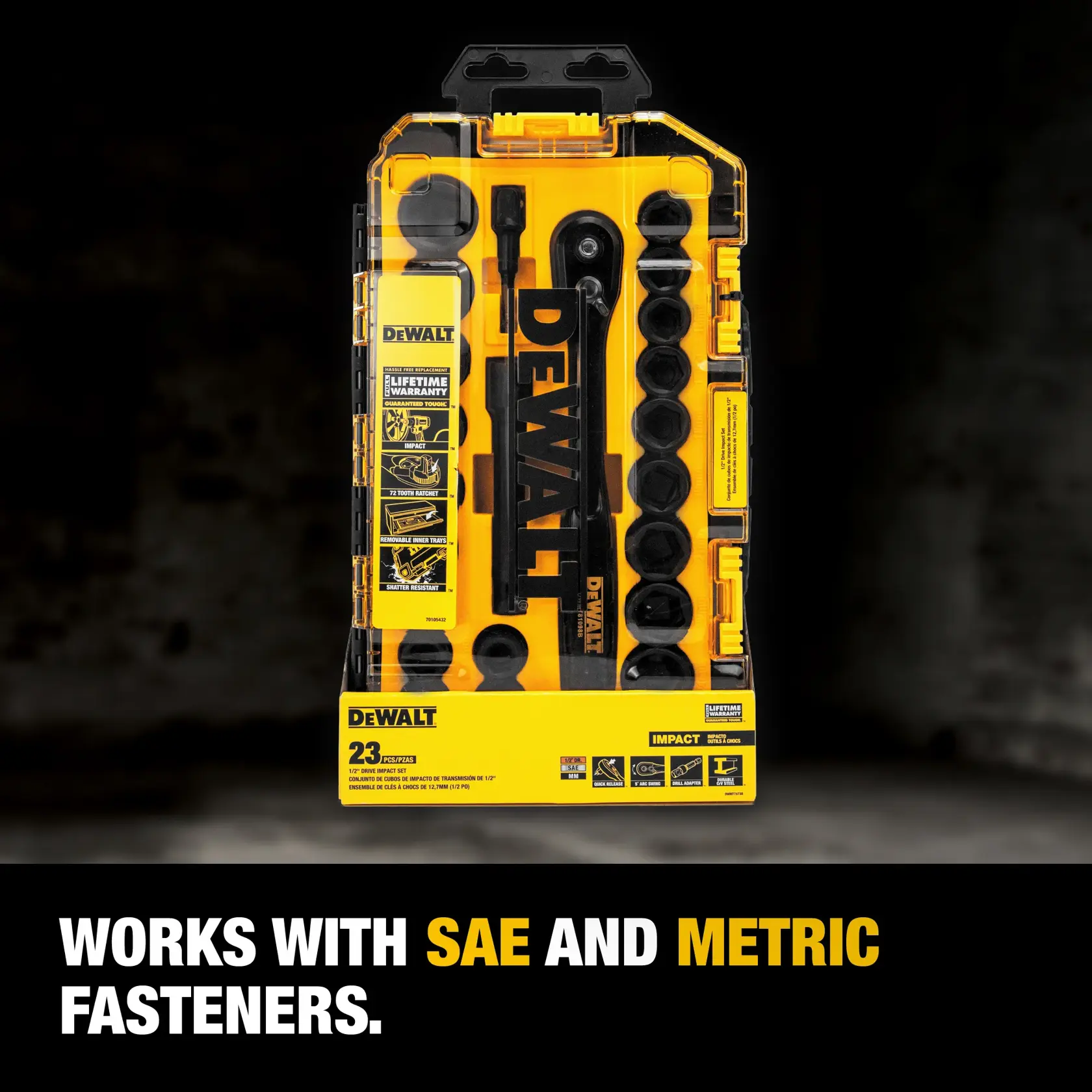 DEWALT® 1/2-in. (13mm) Drive Standard (SAE) & Metric Impact Socket Set (23-Piece)