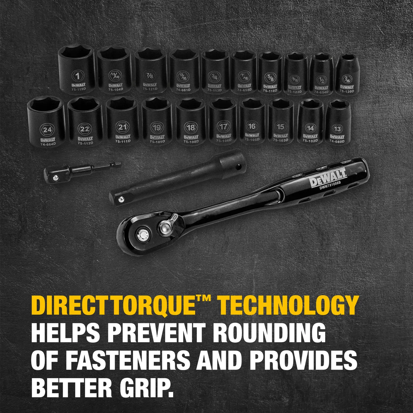 DEWALT® 1/2-in. (13mm) Drive Standard (SAE) & Metric Impact Socket Set (23-Piece)