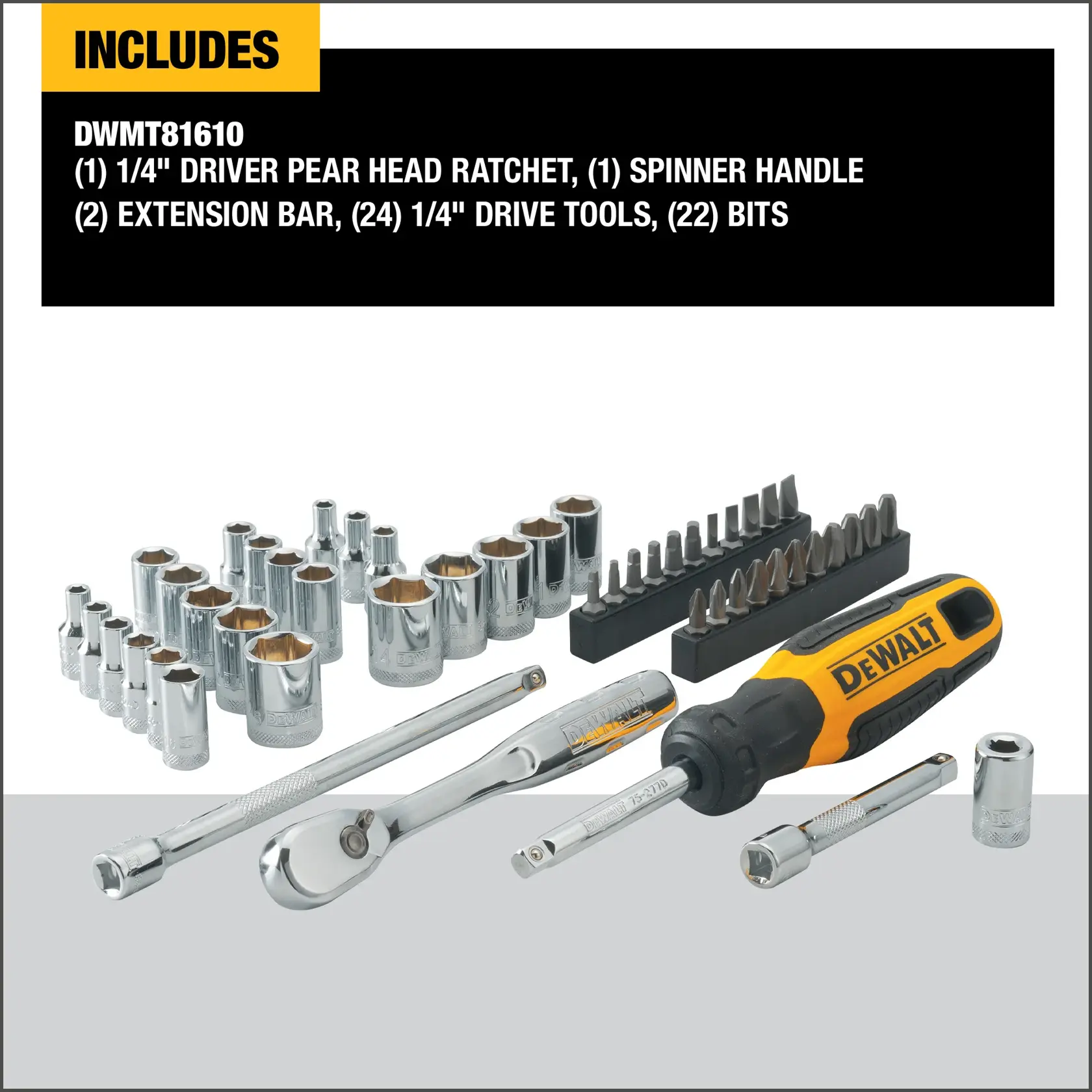 DEWALT DWMT81610 tool set includes a 1/4“ driver pear head ratchet, a spinner handle, two extension bars, twenty-four 1/4“ drive tools, and twenty-two bits, all displayed with chrome sockets and an assortment of screwdriver bits.