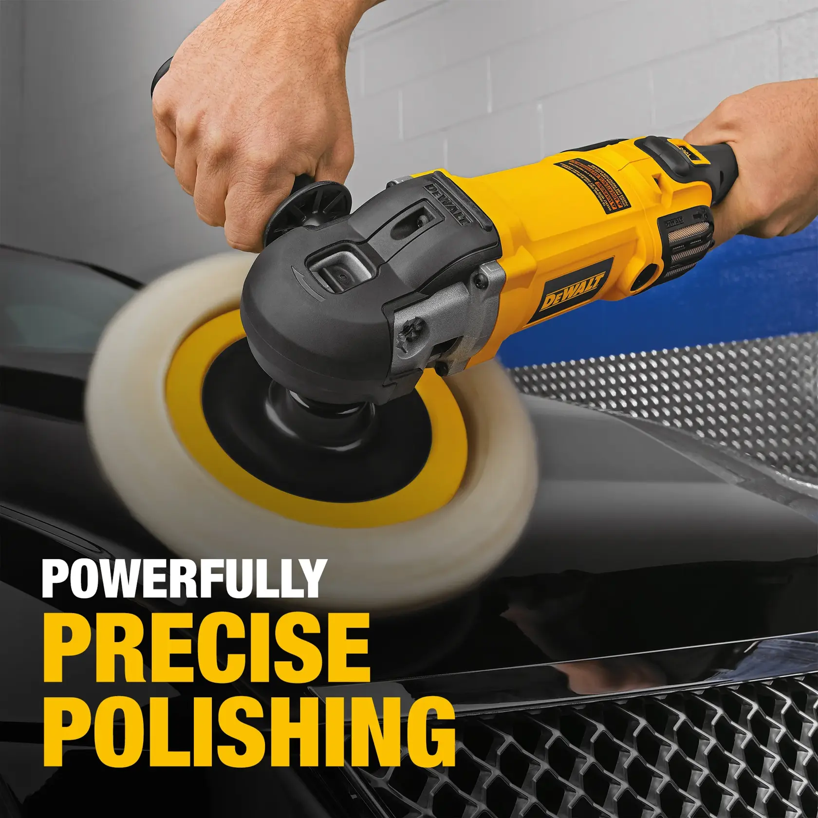 A close-up of a person using a yellow DEWALT DWP849X polisher to polish the surface of a car. The polisher is spinning over the shiny black car hood, with the words 'Powerfully Precise Polishing' displayed in bold yellow and white text.