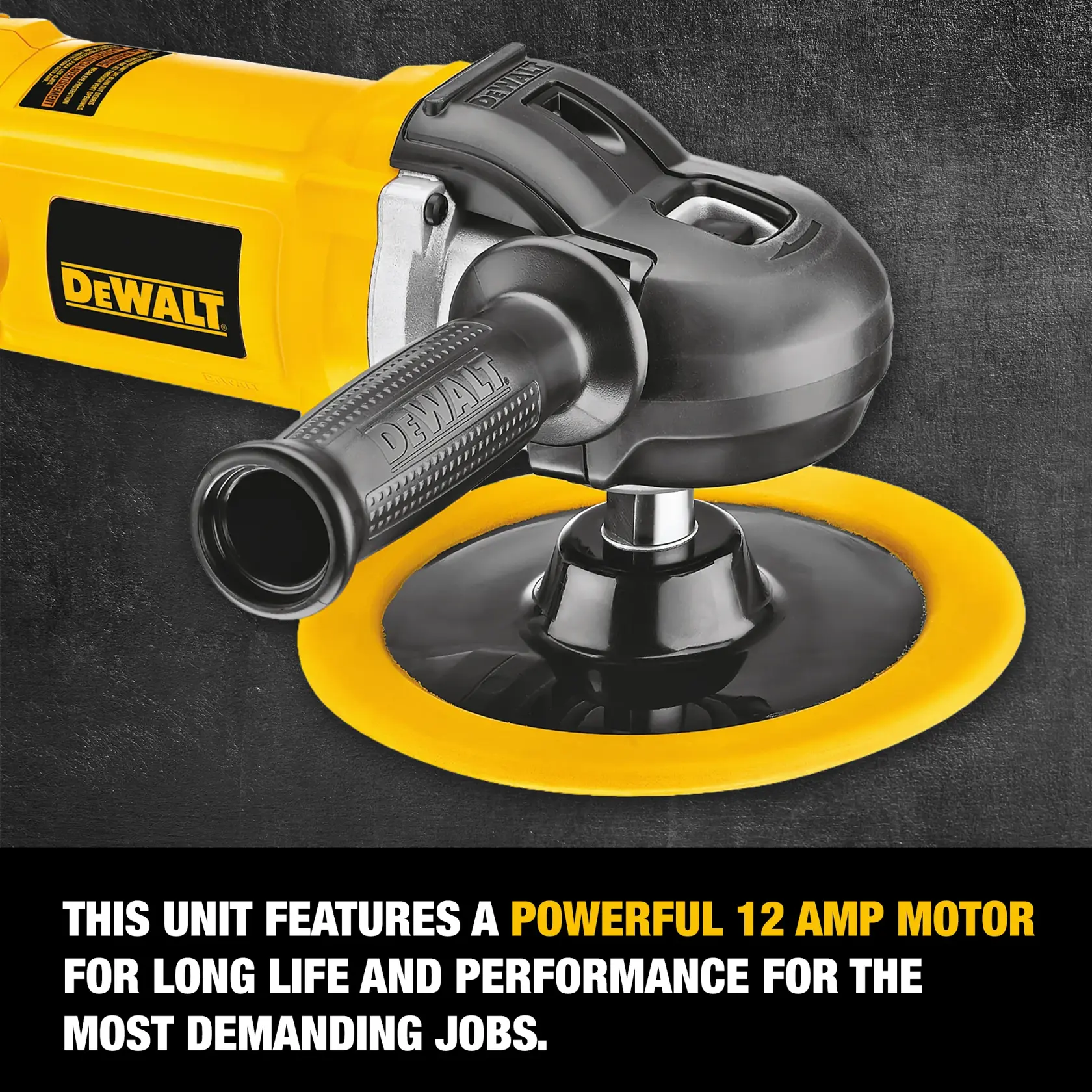 A close-up of a DEWALT power tool, specifically a polisher model DWP849X, featuring a black handle and yellow body. The text on the image highlights its powerful 12 amp motor designed for long life and high performance in demanding jobs.
