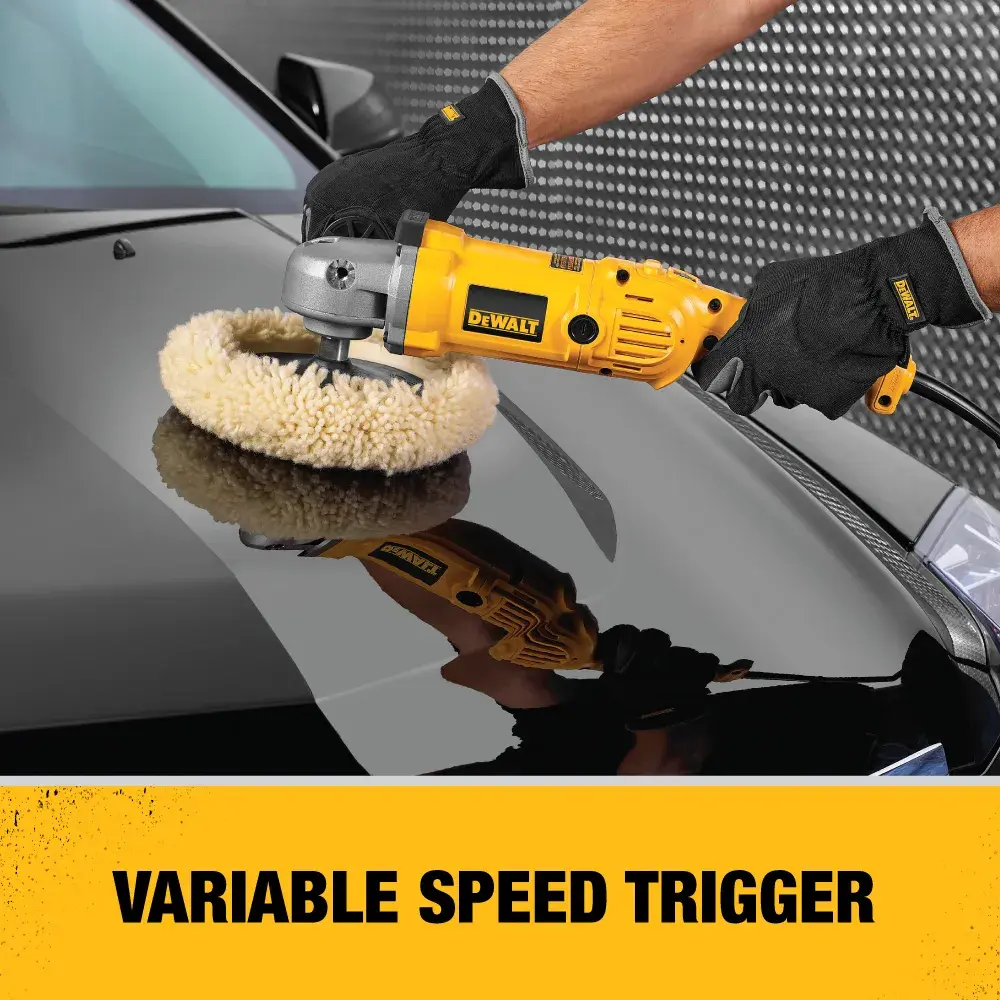 Variable speed polisher being used to polish car.