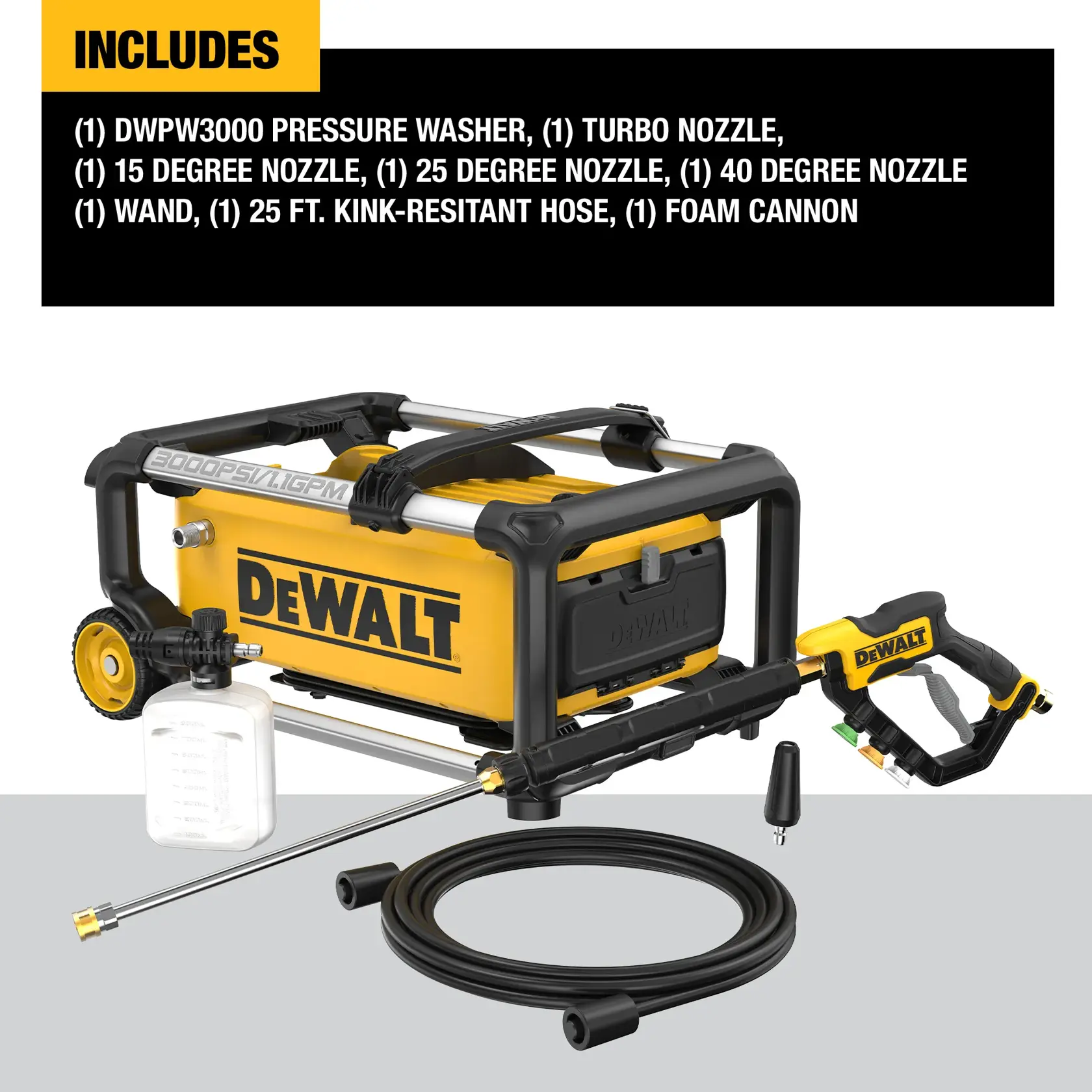 Items included with pressure washer are turbo nozzle, 15, 25 and 40 degree nozzle, wand, 25 ft. Hose and foam cannon