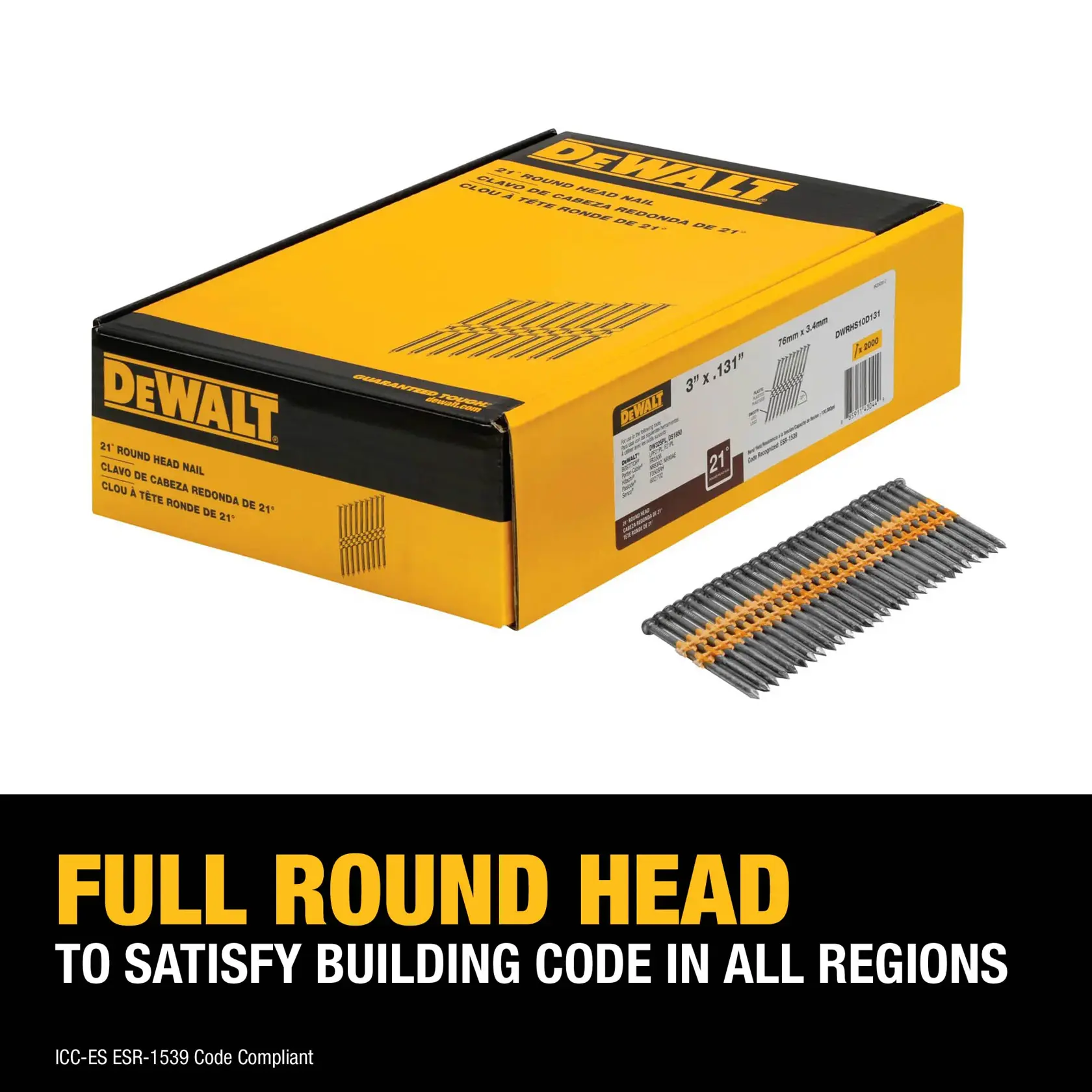 DEWALT® 3-in. x .131-in. 21-Degree Smooth Brite Round Head Nails (2000-Pack)