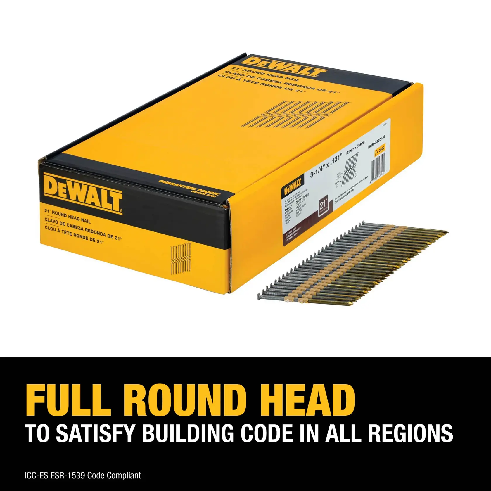 A yellow and black DEWALT branded box containing 21° round head nails, shown next to a strip of the nails. The image highlights the product's compliance with building codes in all regions and notes it is ICC-ES ESR-1539 Code Compliant.