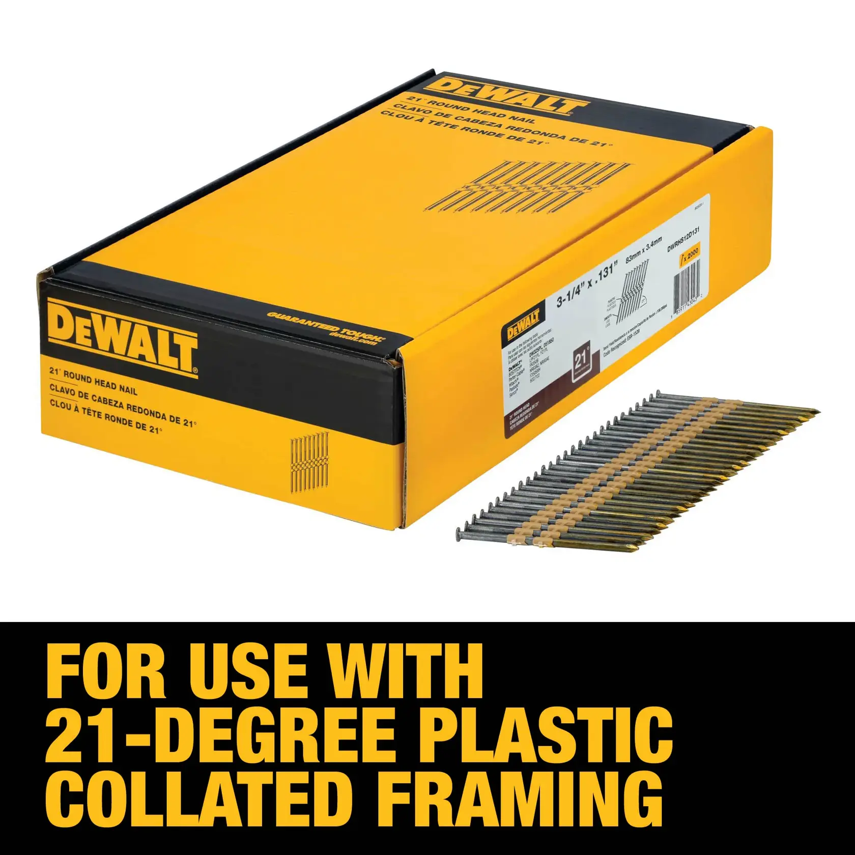 A box of DEWALT 21-degree round head nails next to a strip of collated nails. The box is yellow and black, labeled with product details. Text on the image states: 'FOR USE WITH 21-DEGREE PLASTIC COLLATED FRAMING.'