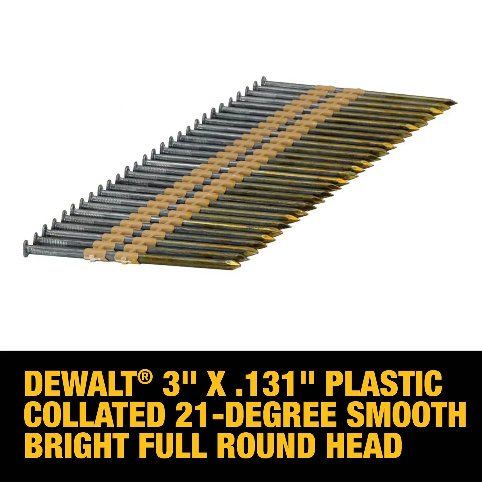 A pack of DEWALT 3 inch x 0.131 inch plastic collated 21-degree smooth bright full round head nails, arranged in a row for use with a nail gun.