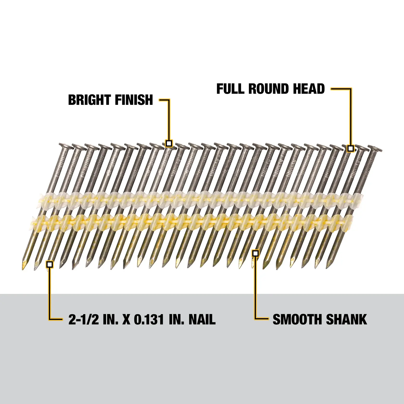 Image of a strip of DEWALT nails with labeled features including bright finish, full round head, smooth shank, and dimensions of 2-1/2 inches by 0.131 inches.