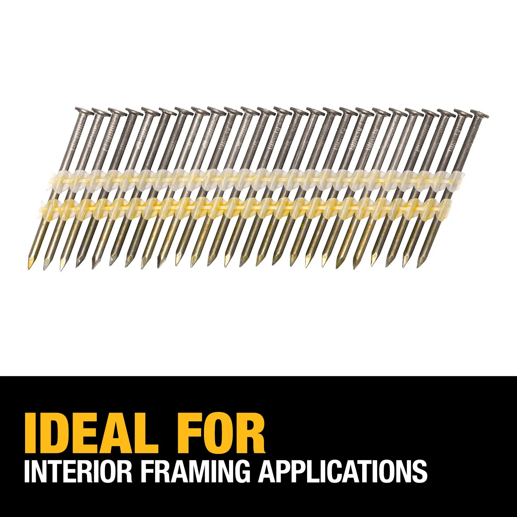 A strip of collated framing nails for a nail gun is shown above the text: 'IDEAL FOR INTERIOR FRAMING APPLICATIONS.' The image promotes DEWALT SKU DWRHS8D131 nails as suitable for interior framing projects.