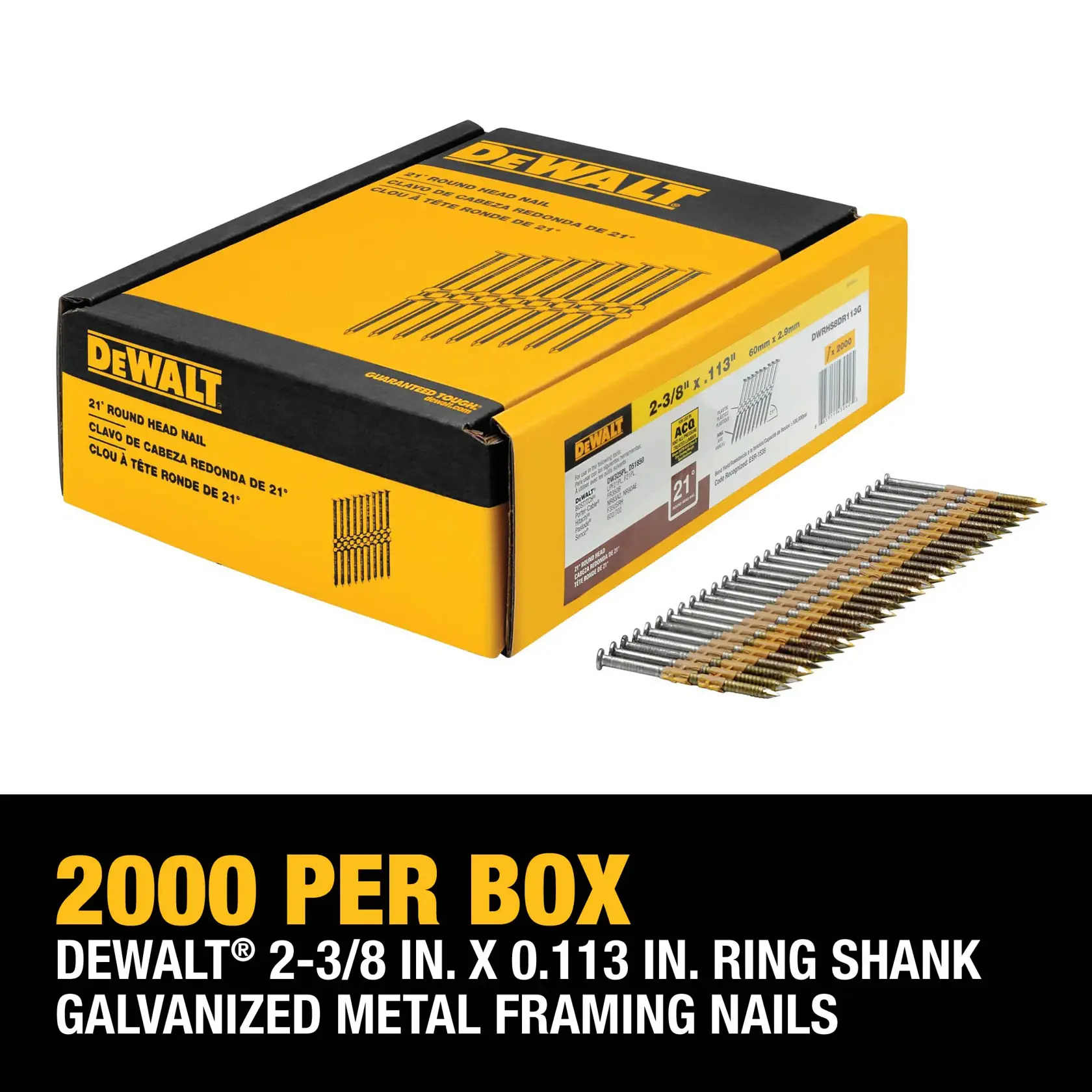 A box of DEWALT 21° round head nails, containing 2000 galvanized metal framing nails per box. The nails are 2-3/8 inches long and have a 0.113 inch ring shank. The box is yellow and black with product details printed on it, and a strip of nails is shown next to the box.
