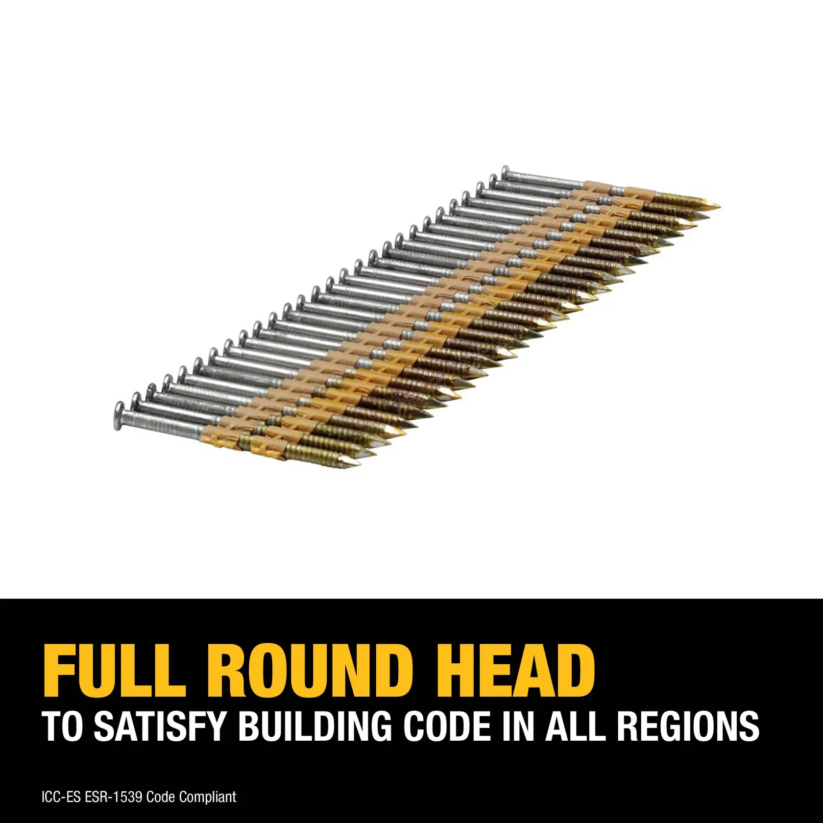 A graphic showing a strip of DEWALT full round head nails arranged in a row. Text at the bottom highlights building code compliance in all regions.
