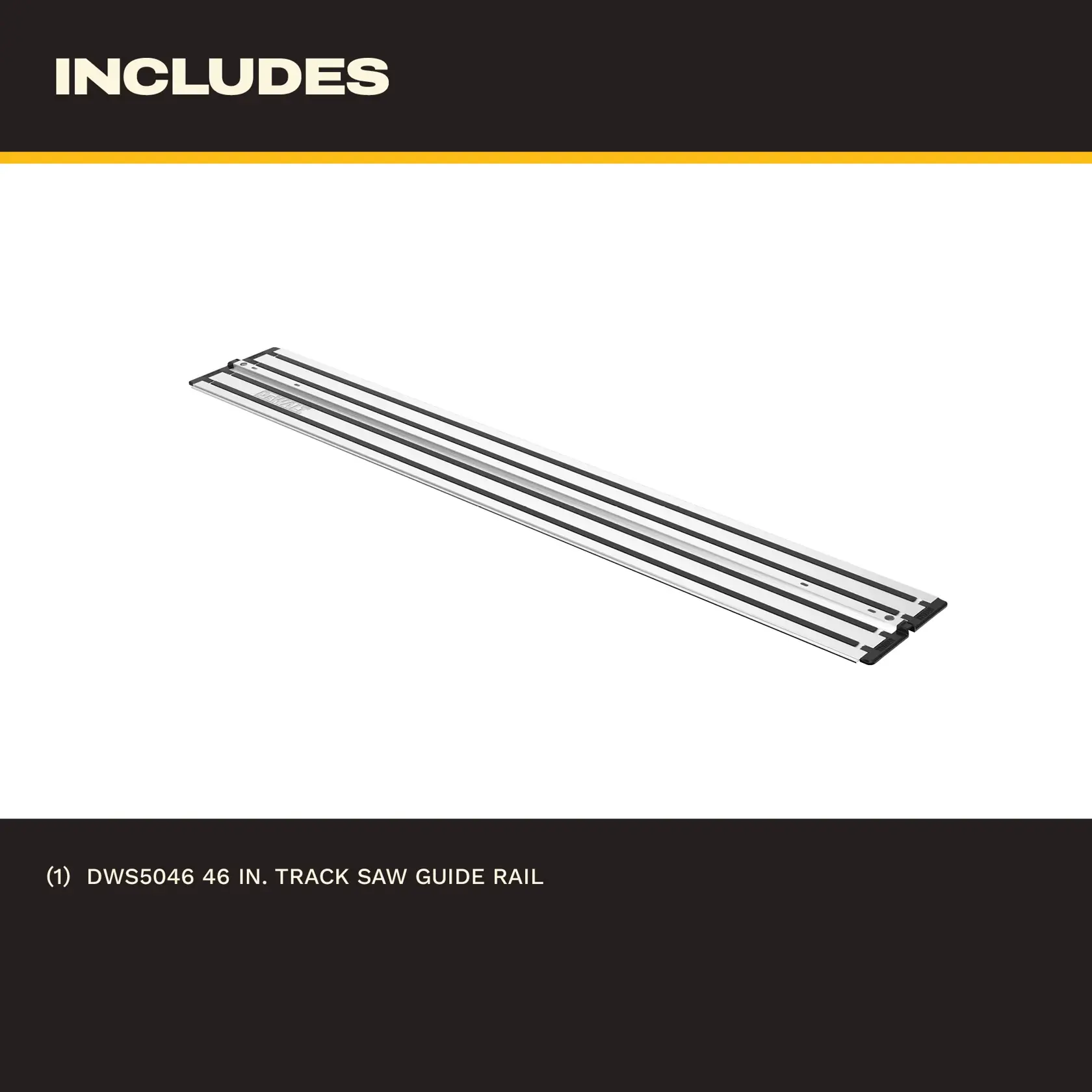 DEWALT 46 inch track saw guide rail, silver with black ends, shown on white background.