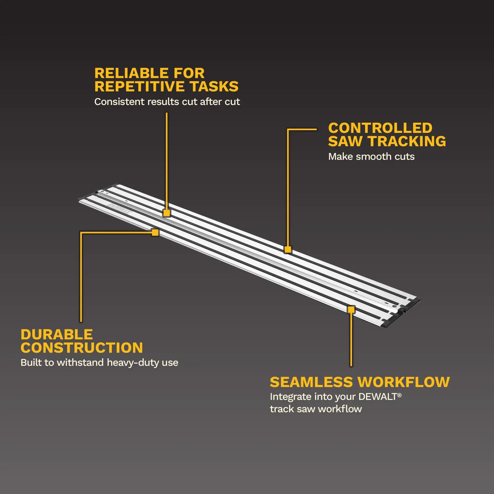 DEWALT metal saw track with labels for durability, smooth tracking, repeatable cuts, and workflow integration.