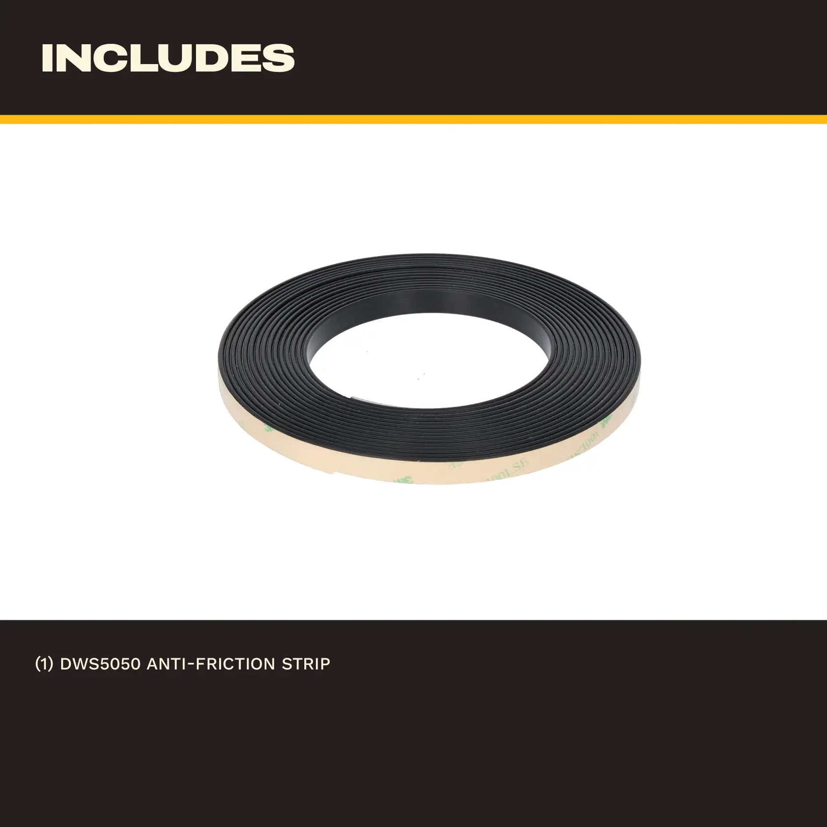 DEWALT DWS5050 anti-friction strip roll with adhesive backing, coiled in a circular shape.