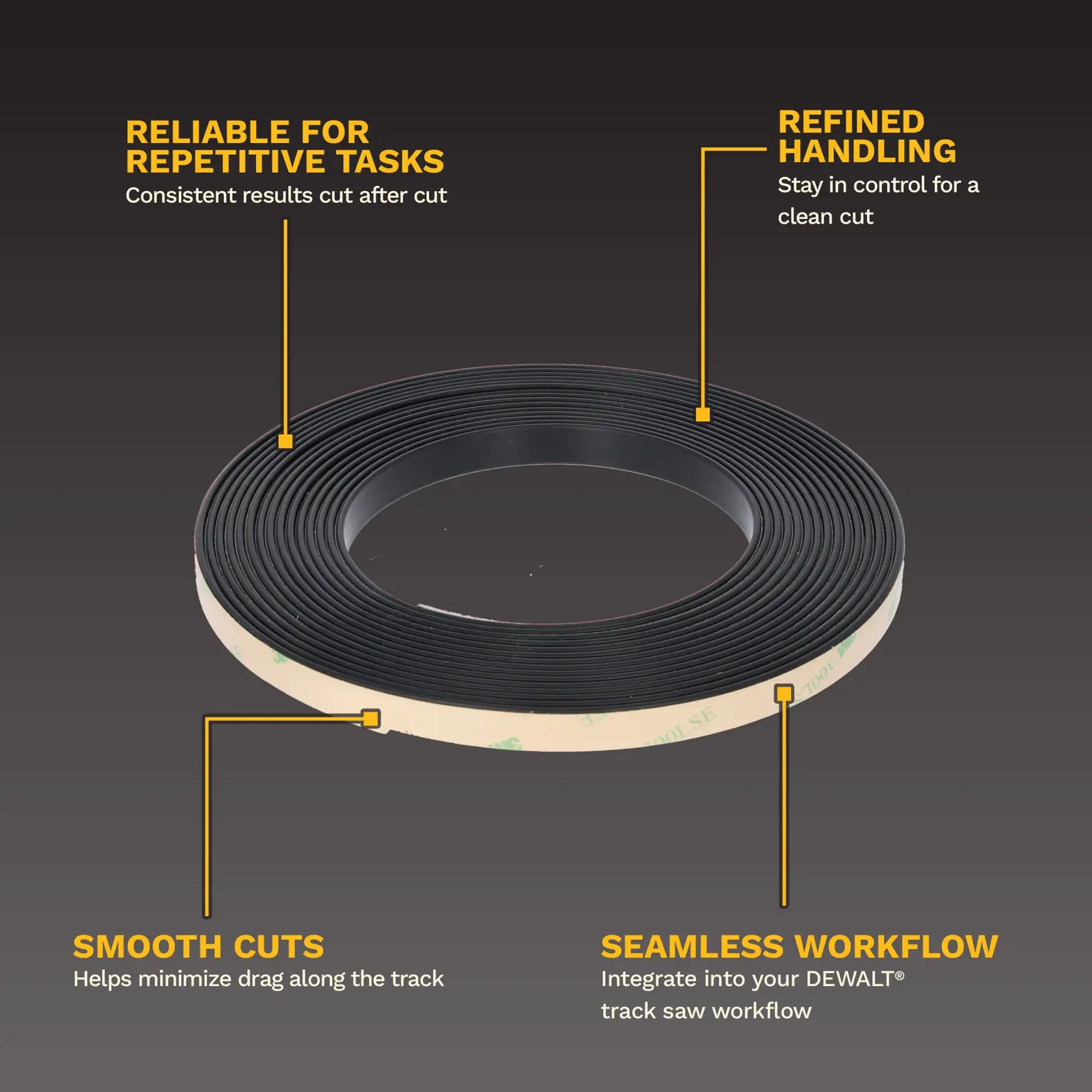 Roll of DEWALT track saw replacement strip, black with adhesive backing, shown on a dark gradient background.