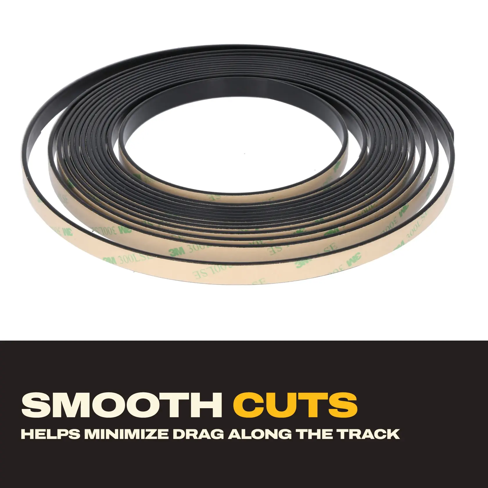 Coiled adhesive strip for minimizing drag on track saws, shown with message about smooth cuts.
