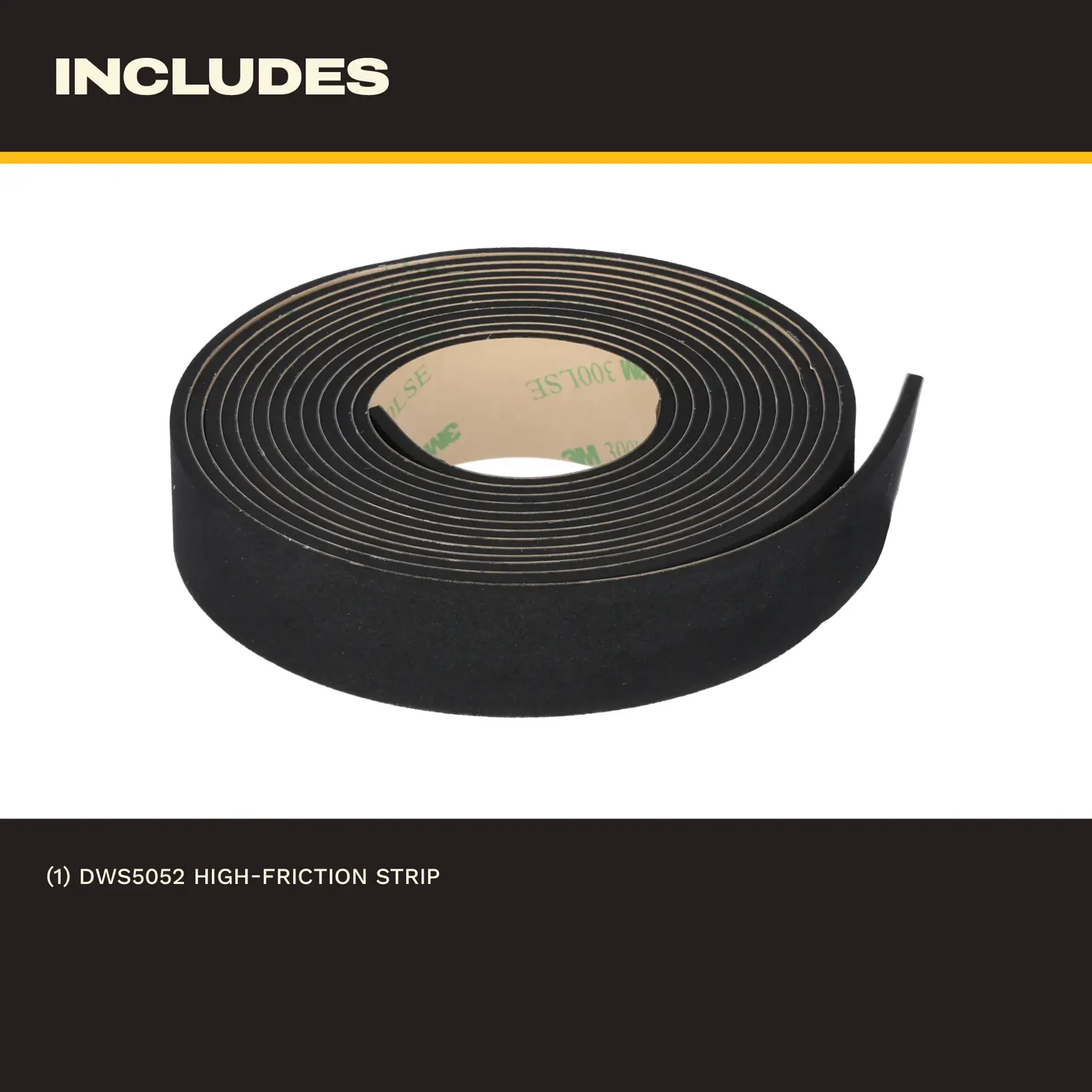 Roll of DEWALT DWS5052 high-friction strip with adhesive backing, shown unrolled slightly.