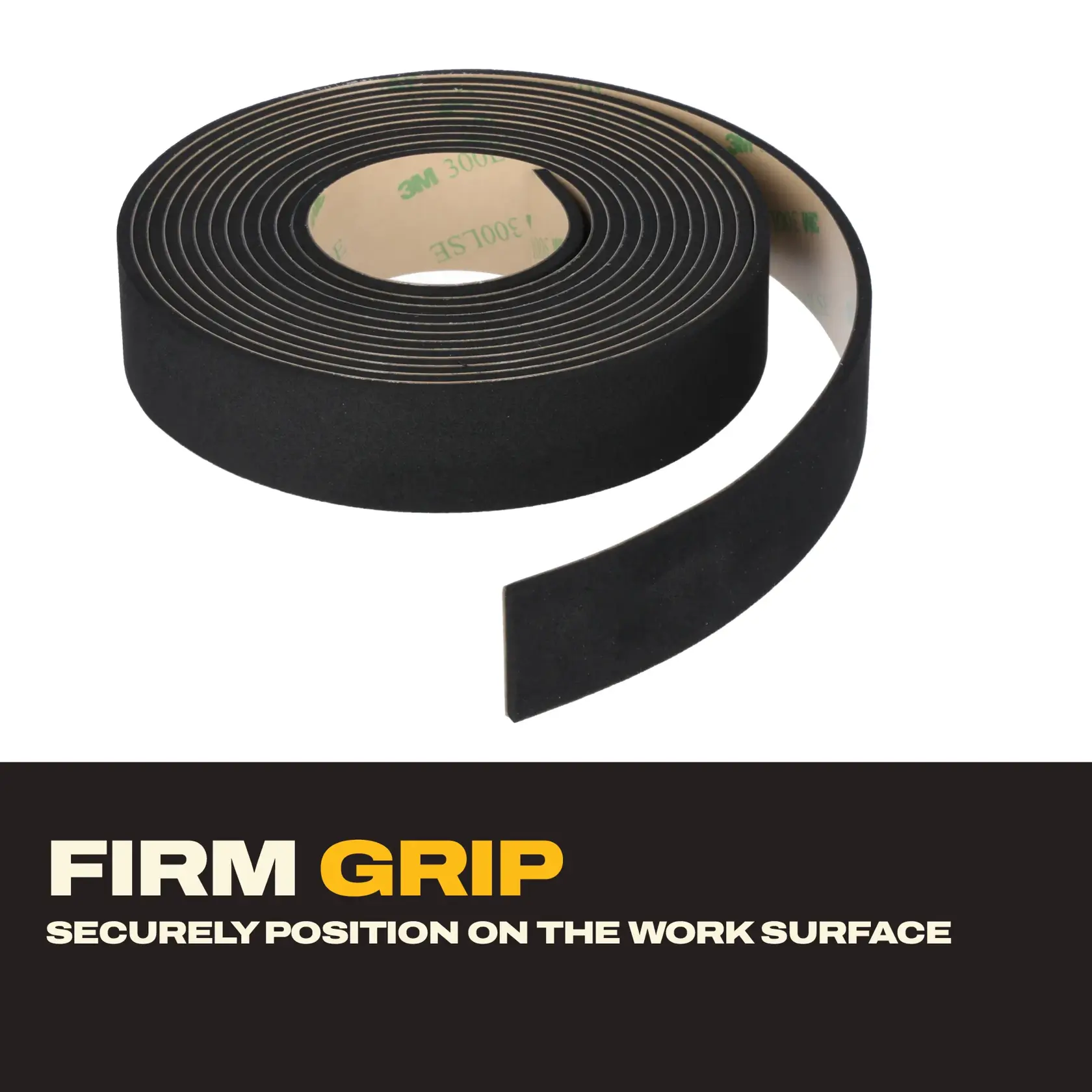Black adhesive grip tape roll used for firm positioning on work surfaces, shown with text and partial unwind.