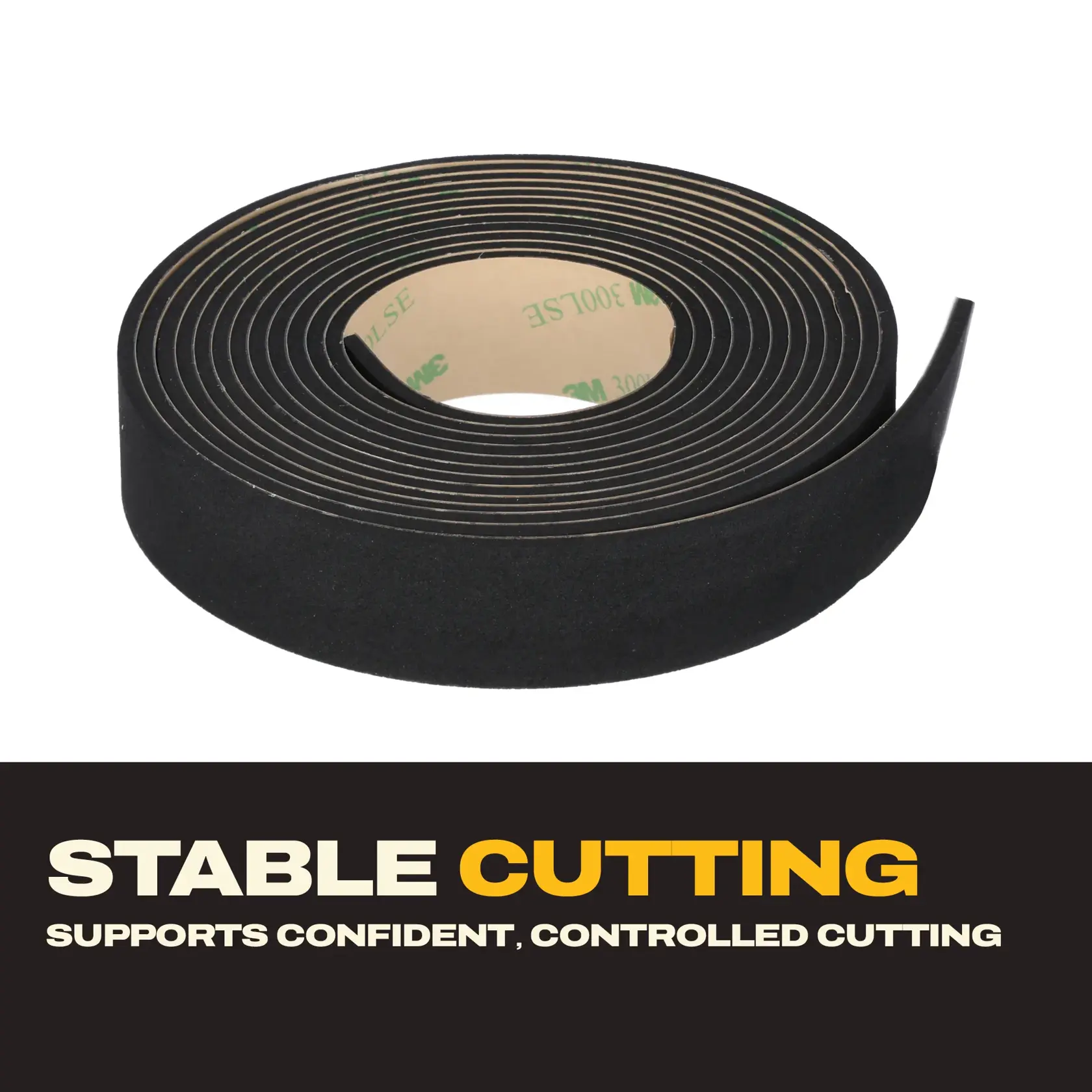 Black roll of DEWALT tape shown. Text: Stable cutting supports confident, controlled cutting.