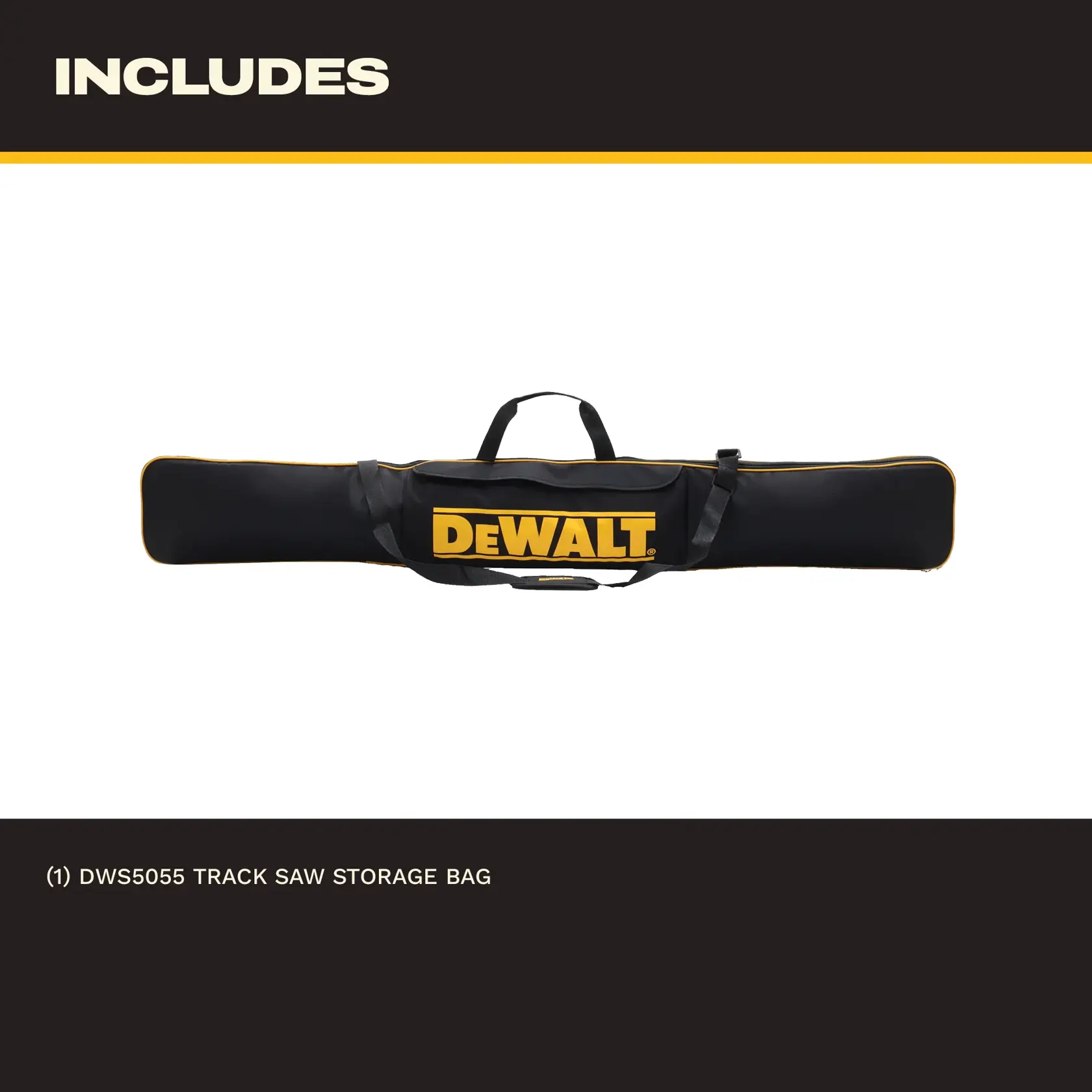 DEWALT DWS5055 track saw storage bag with handle, black and yellow, product shown on white background.