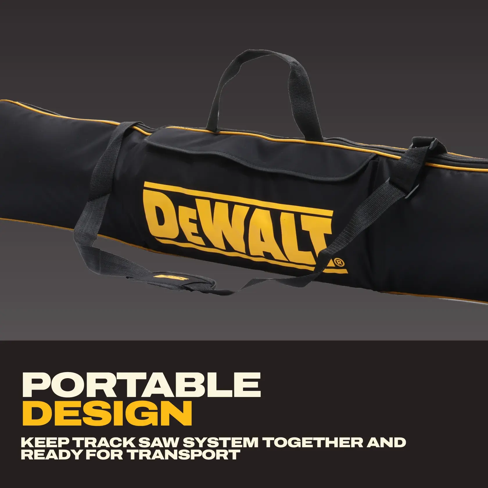 DEWALT carrying bag with handles, designed to transport and store track saw system easily.