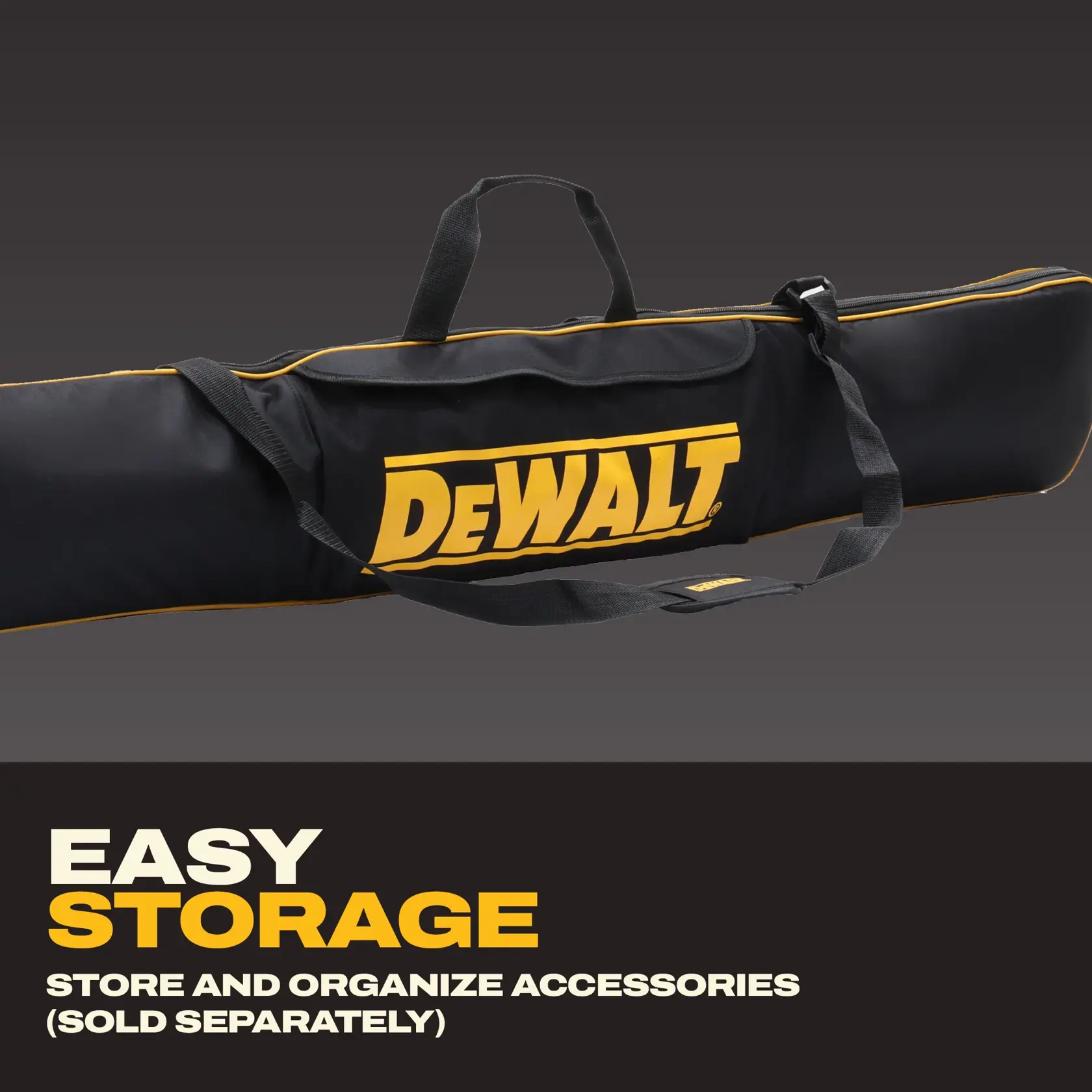 Dewalt branded black carrying bag for easy storage and organization of accessories, sold separately.