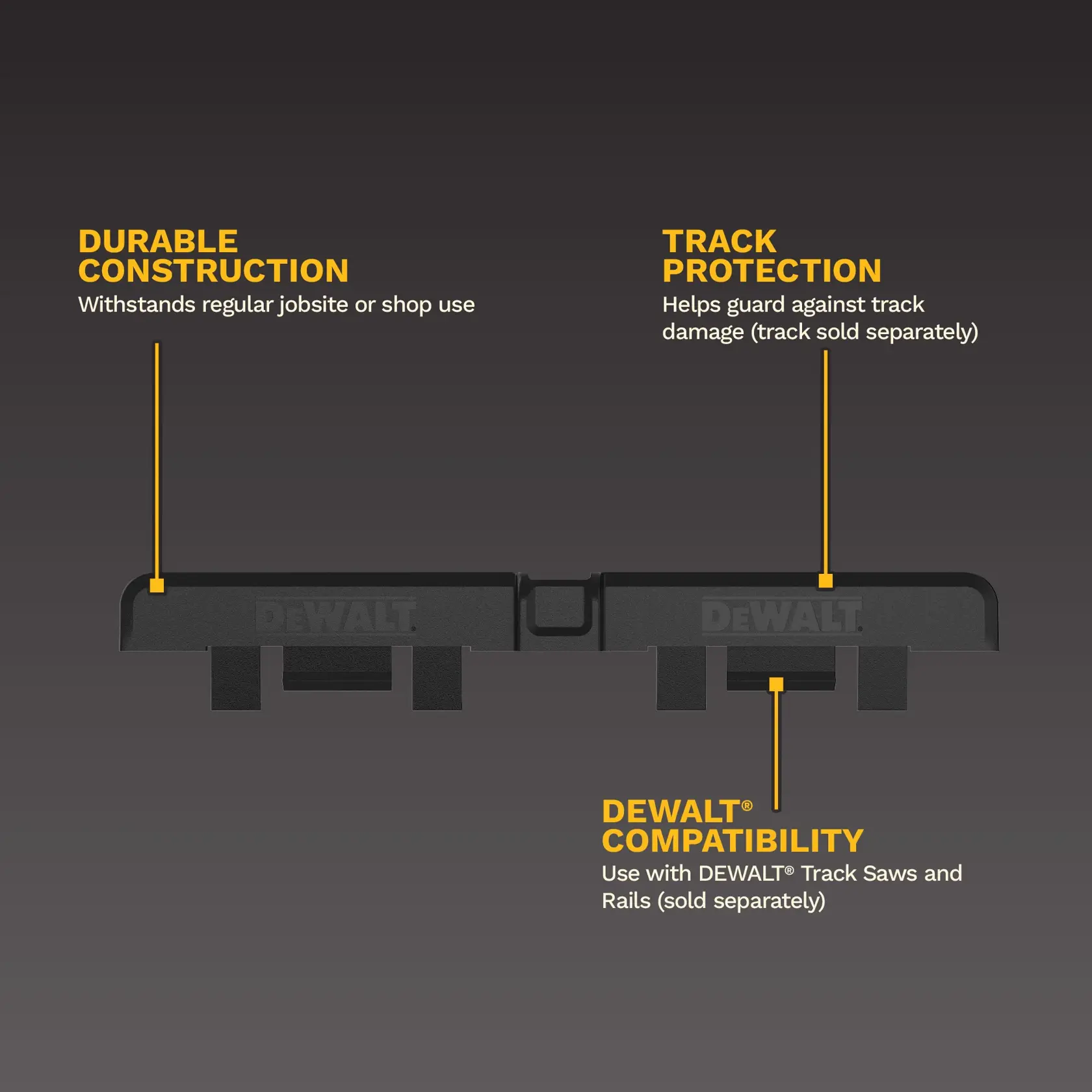 DEWALT DWS5057 guide rail for cirular saws, metal with black accents, used for precision cutting.