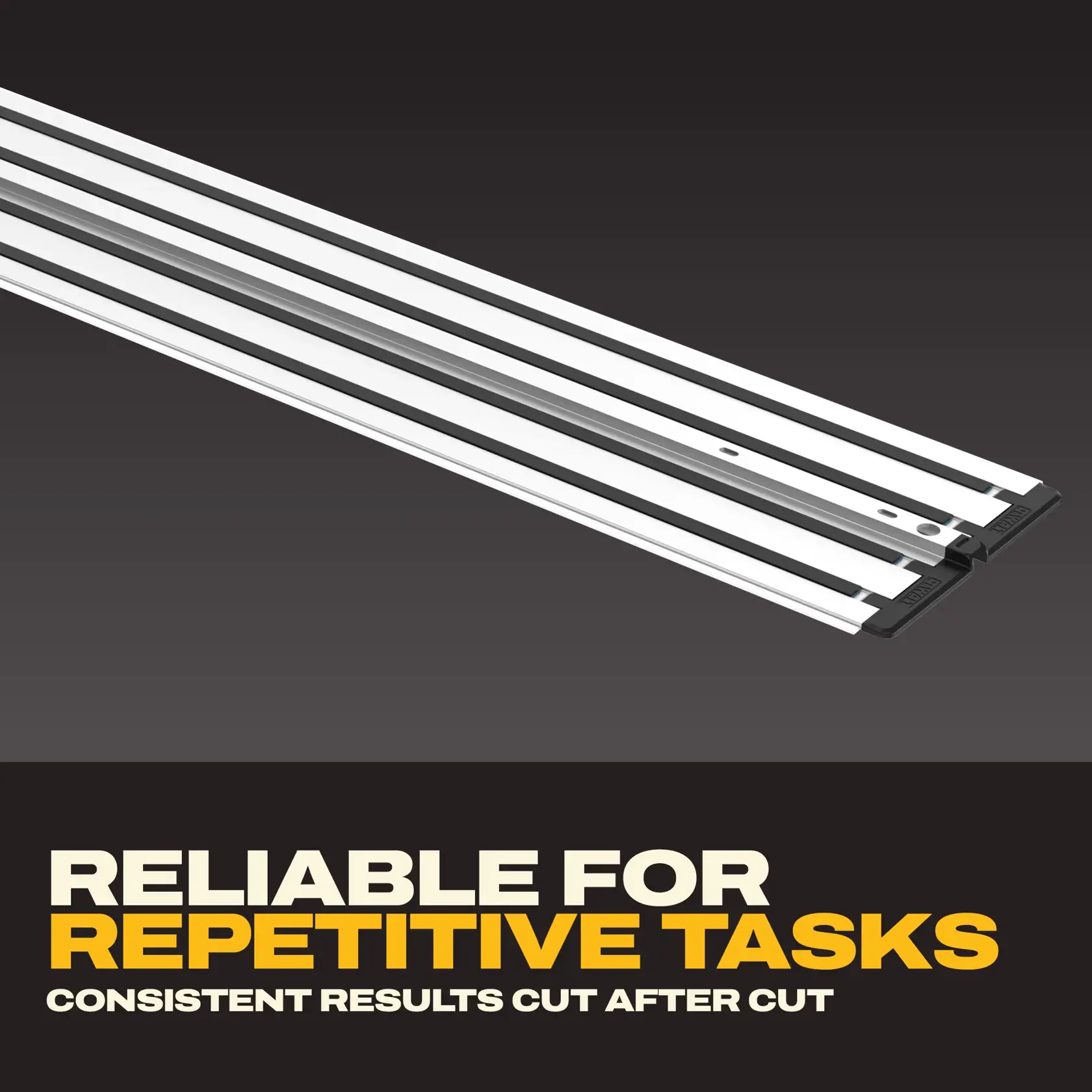 DEWALT DWS5059 guide rail shown above text promoting reliable, consistent cuts for repetitive tasks.